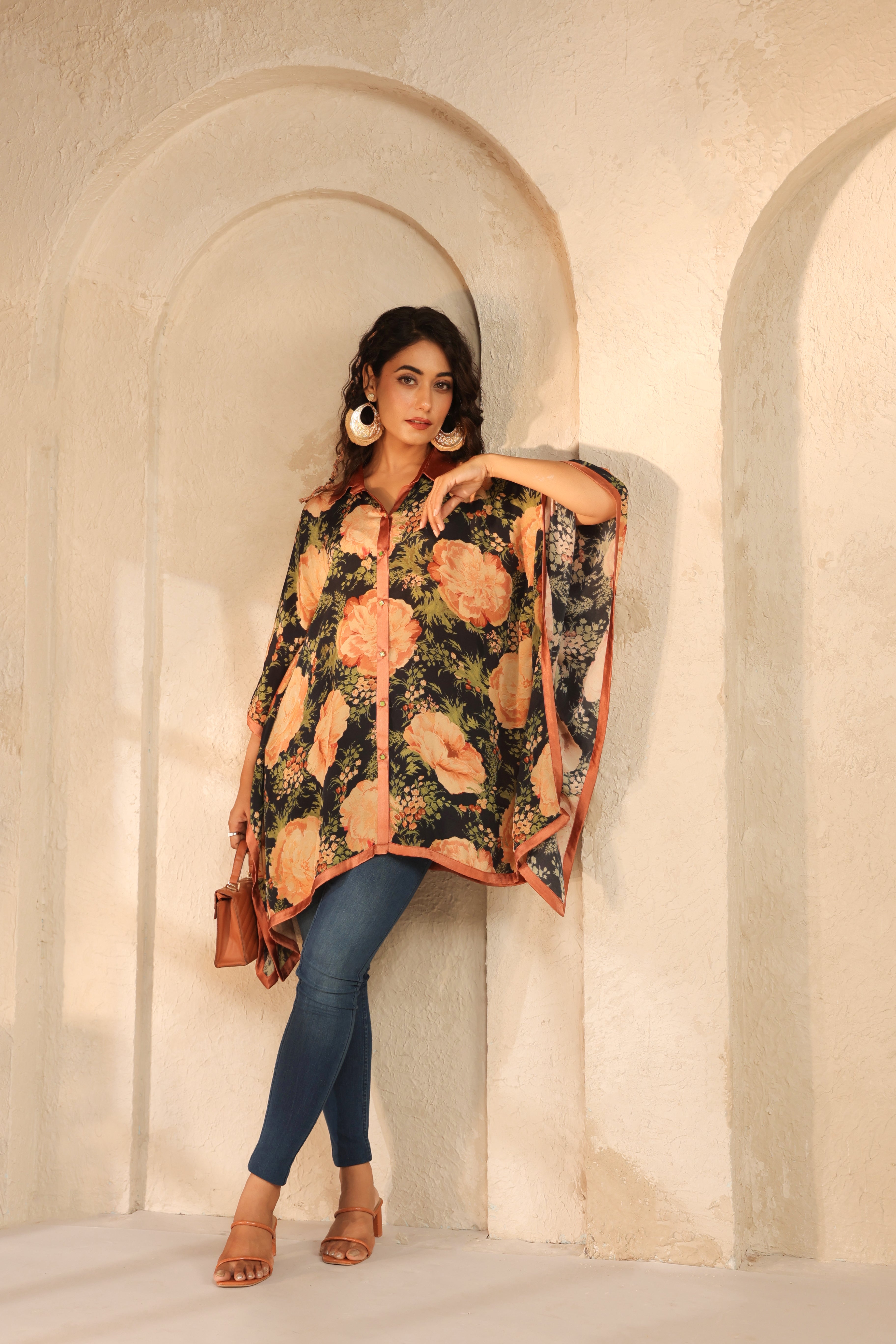 Charcoal Black Printed Viscose Crepe Kaftan Top