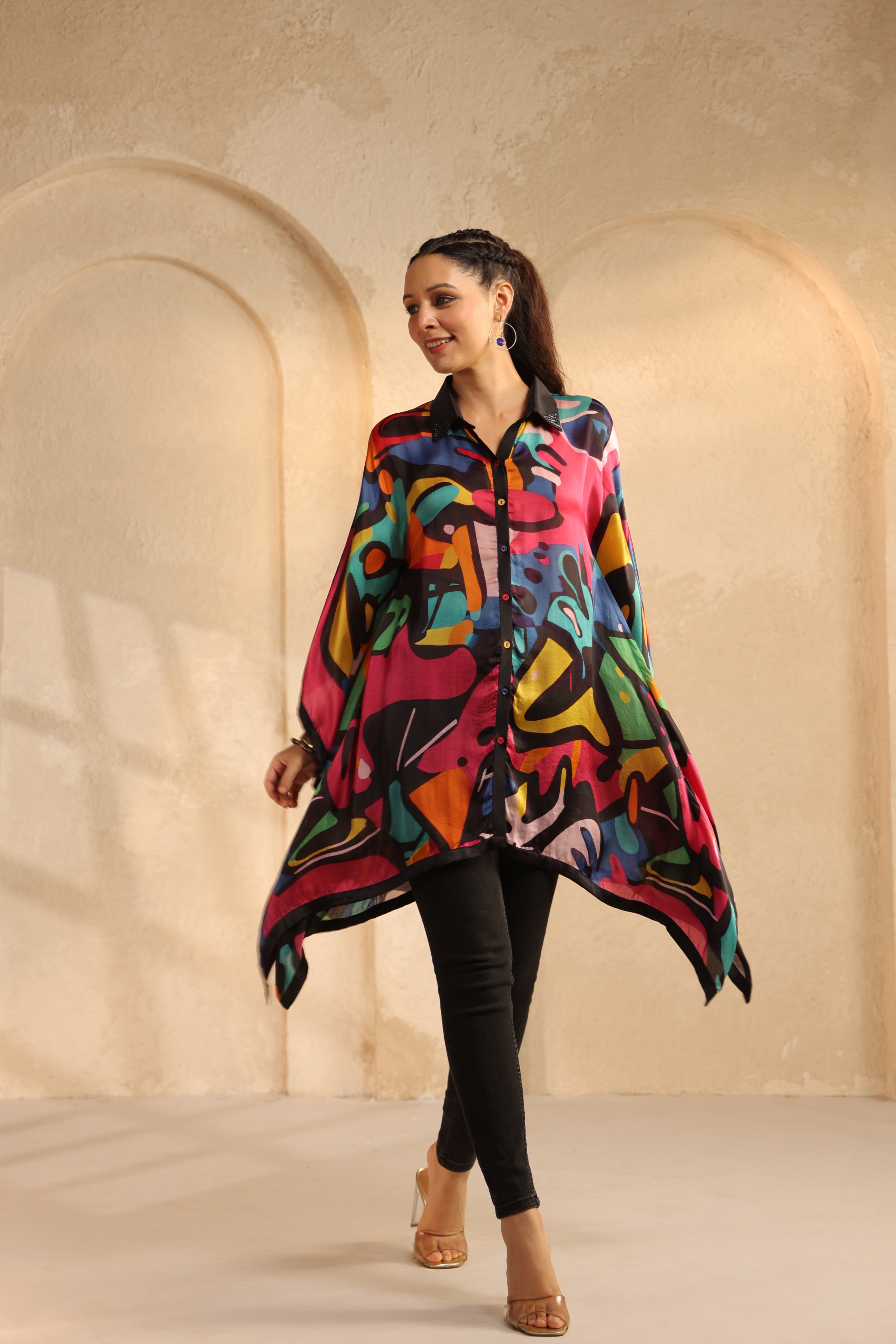Black Abstract Printed Satin Silk Kaftan Top