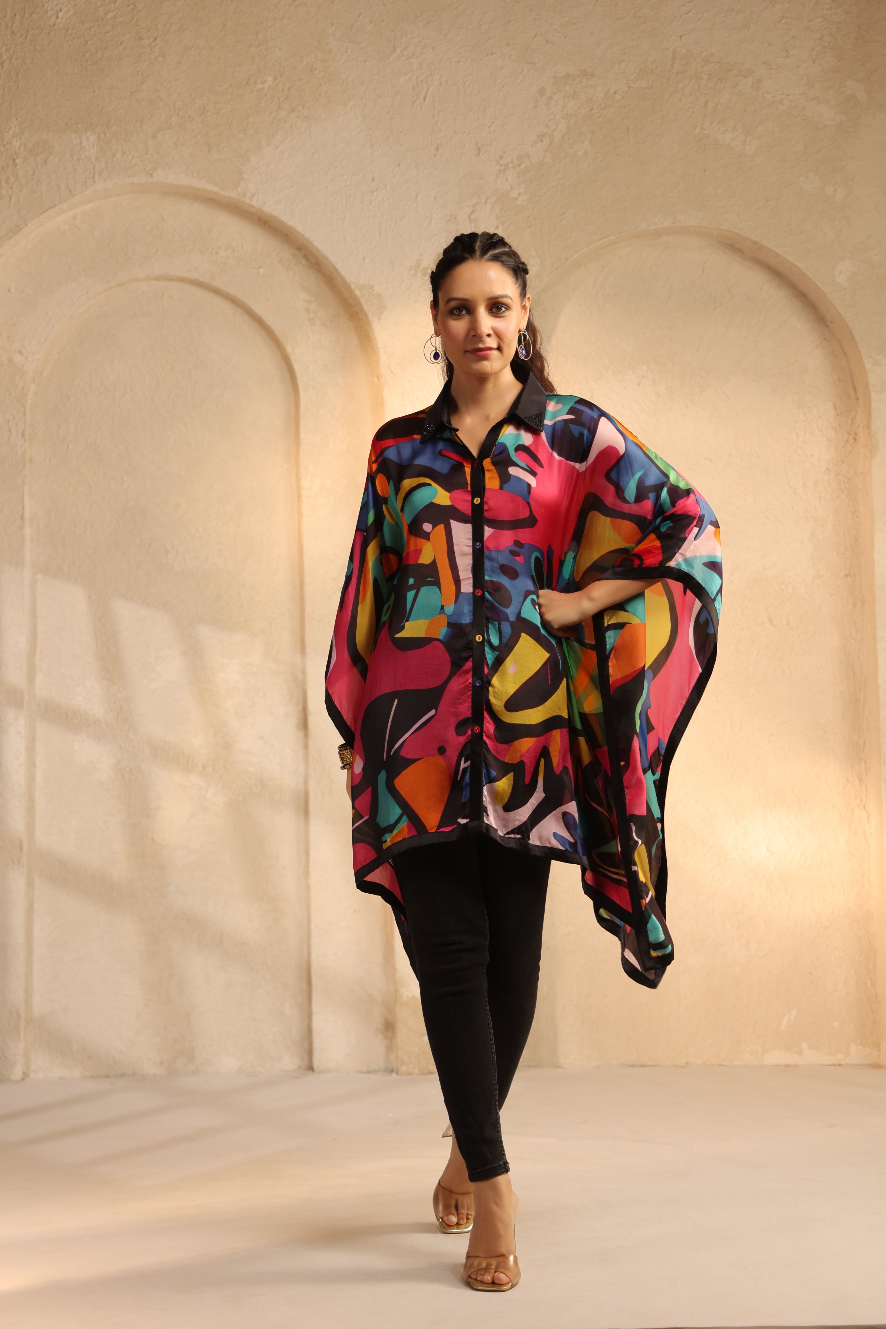 Black Abstract Printed Satin Silk Kaftan Top