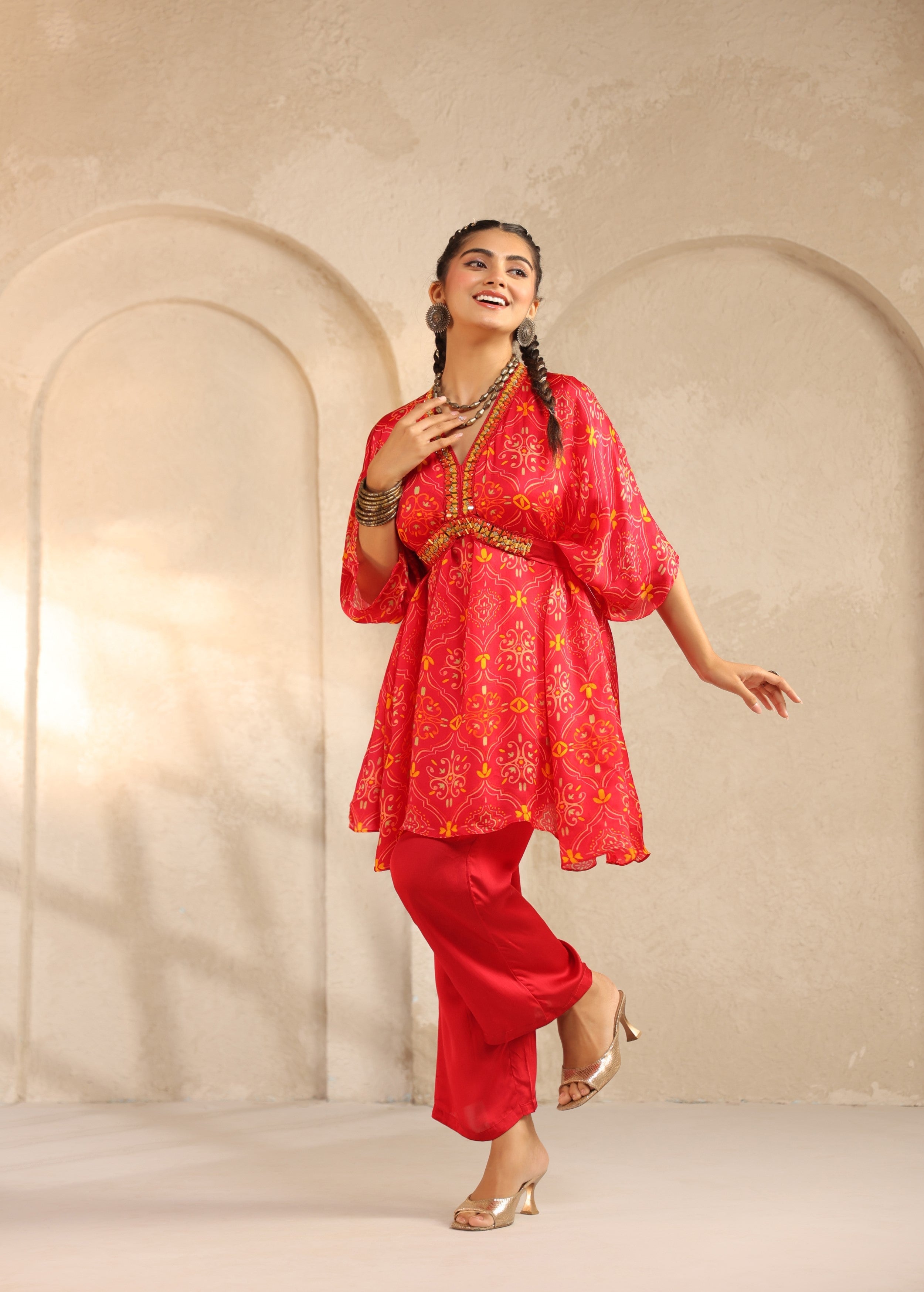 Crimson Red Printed Viscose Georgette Co-Ord Set