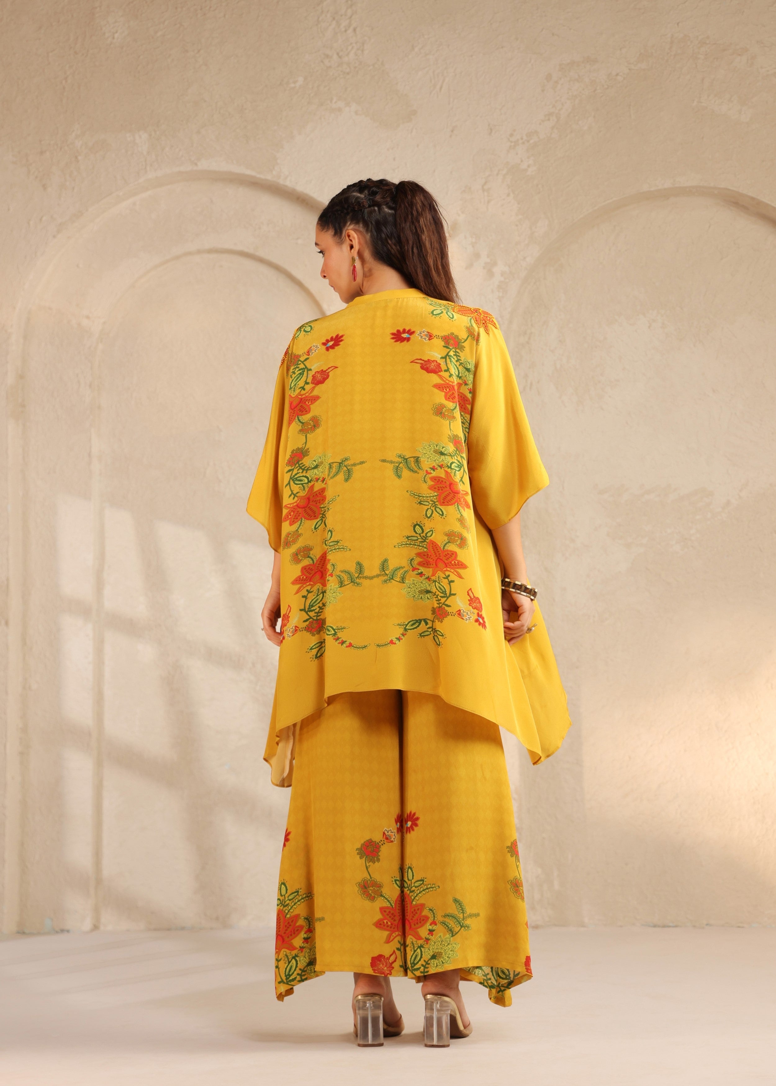Mustard Yellow Floral Viscose Crepe Palazzo Set