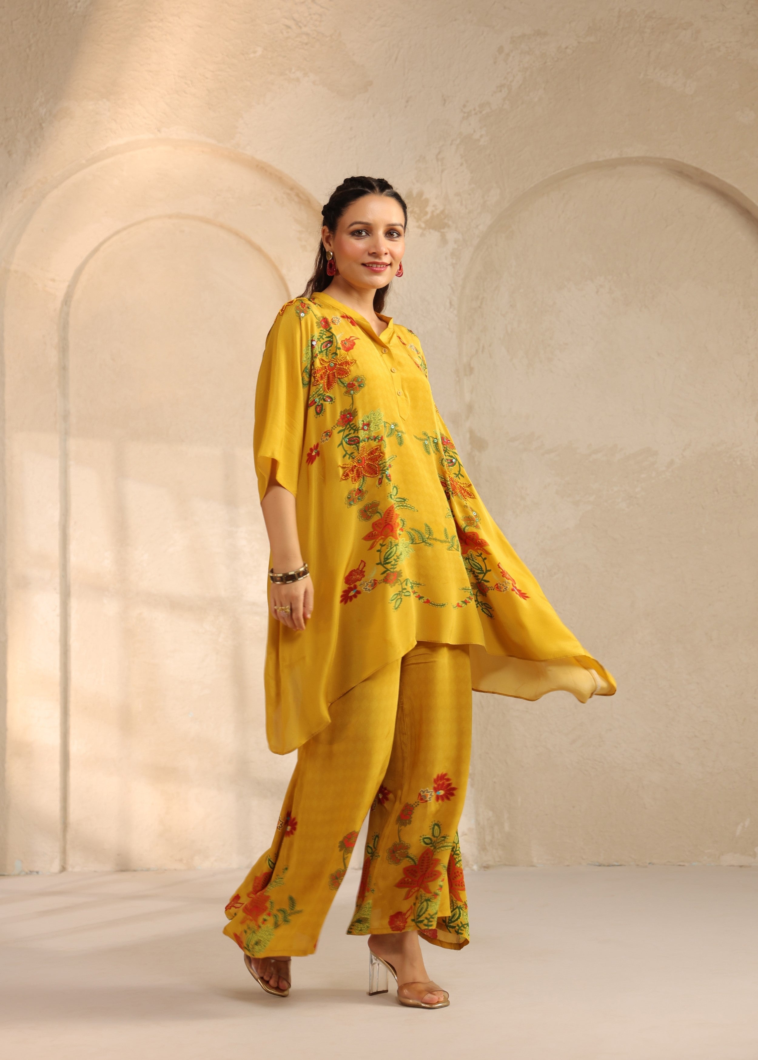Mustard Yellow Floral Viscose Crepe Palazzo Set