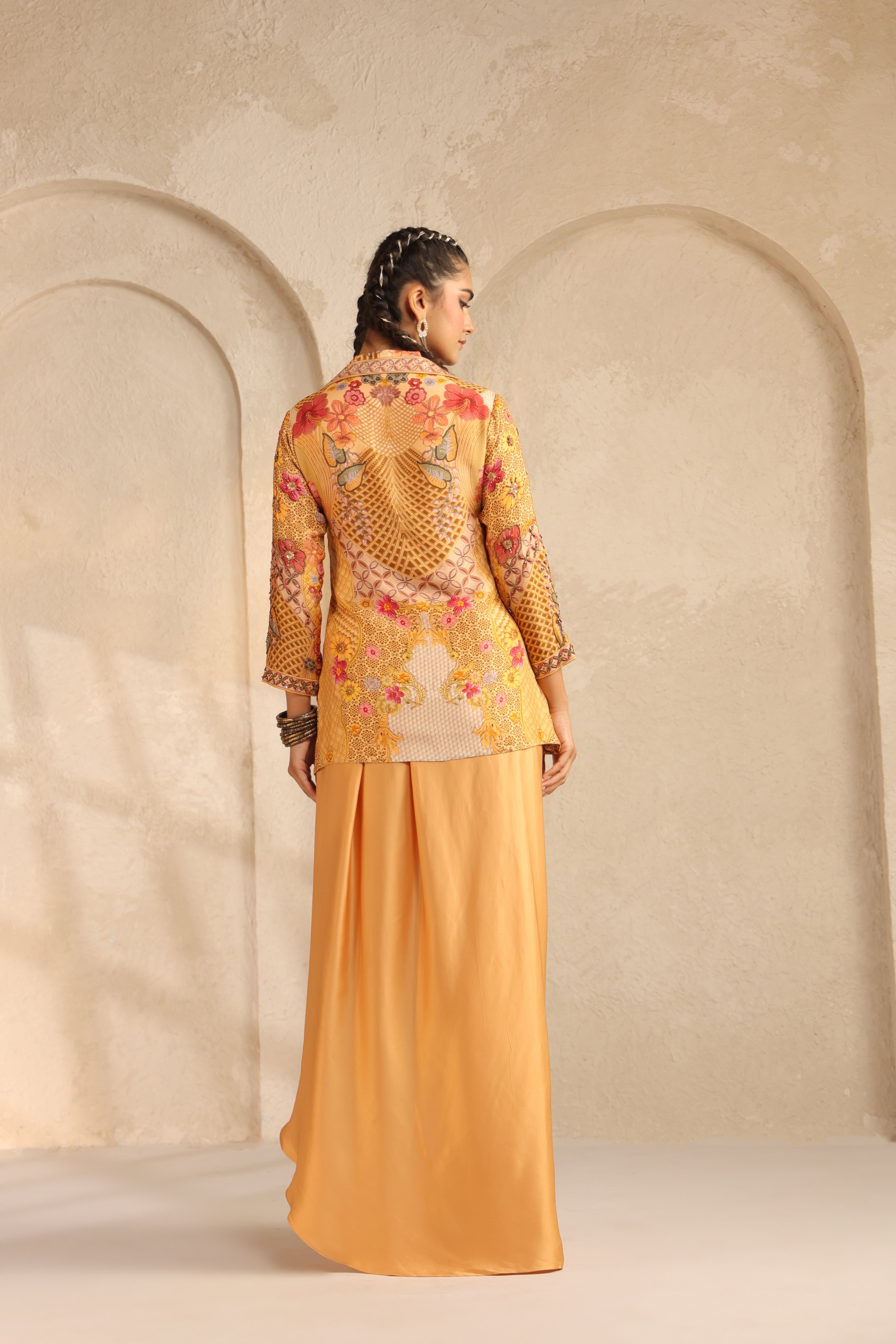 Saffron Yellow Printed Dola Silk Drape Skirt Set