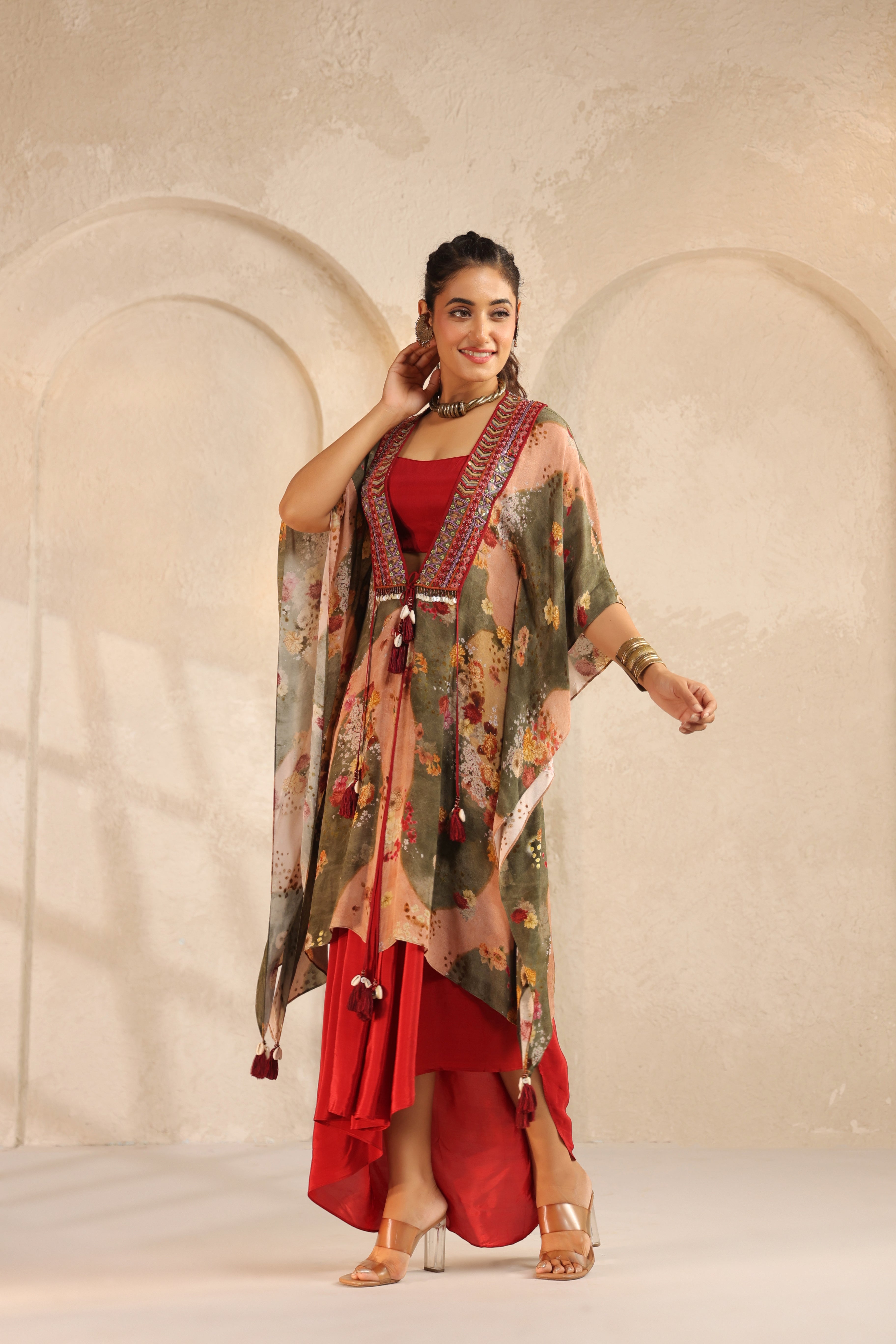 Vibrant Red Printed Viscose Crepe Cape Set