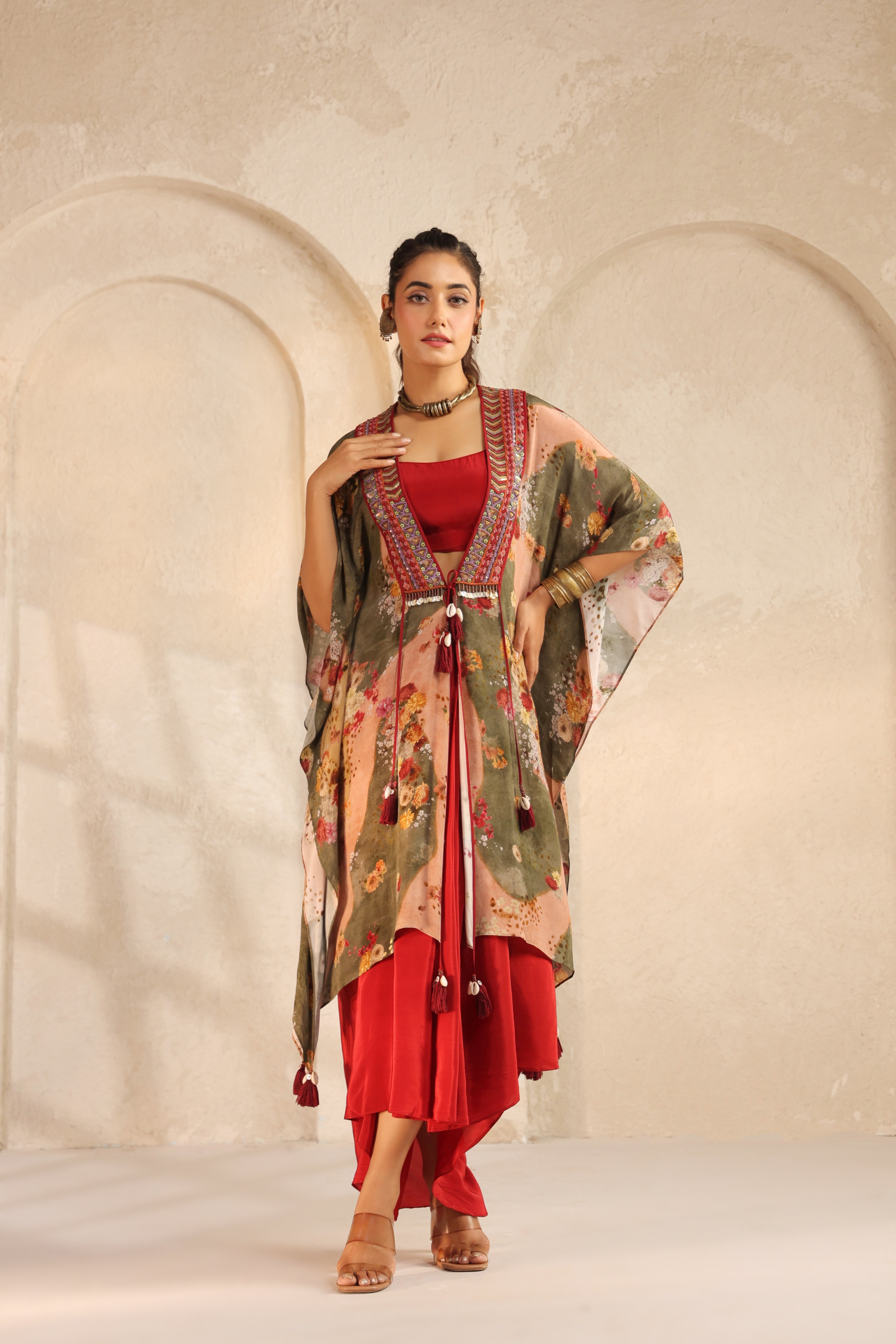 Vibrant Red Printed Viscose Crepe Cape Set