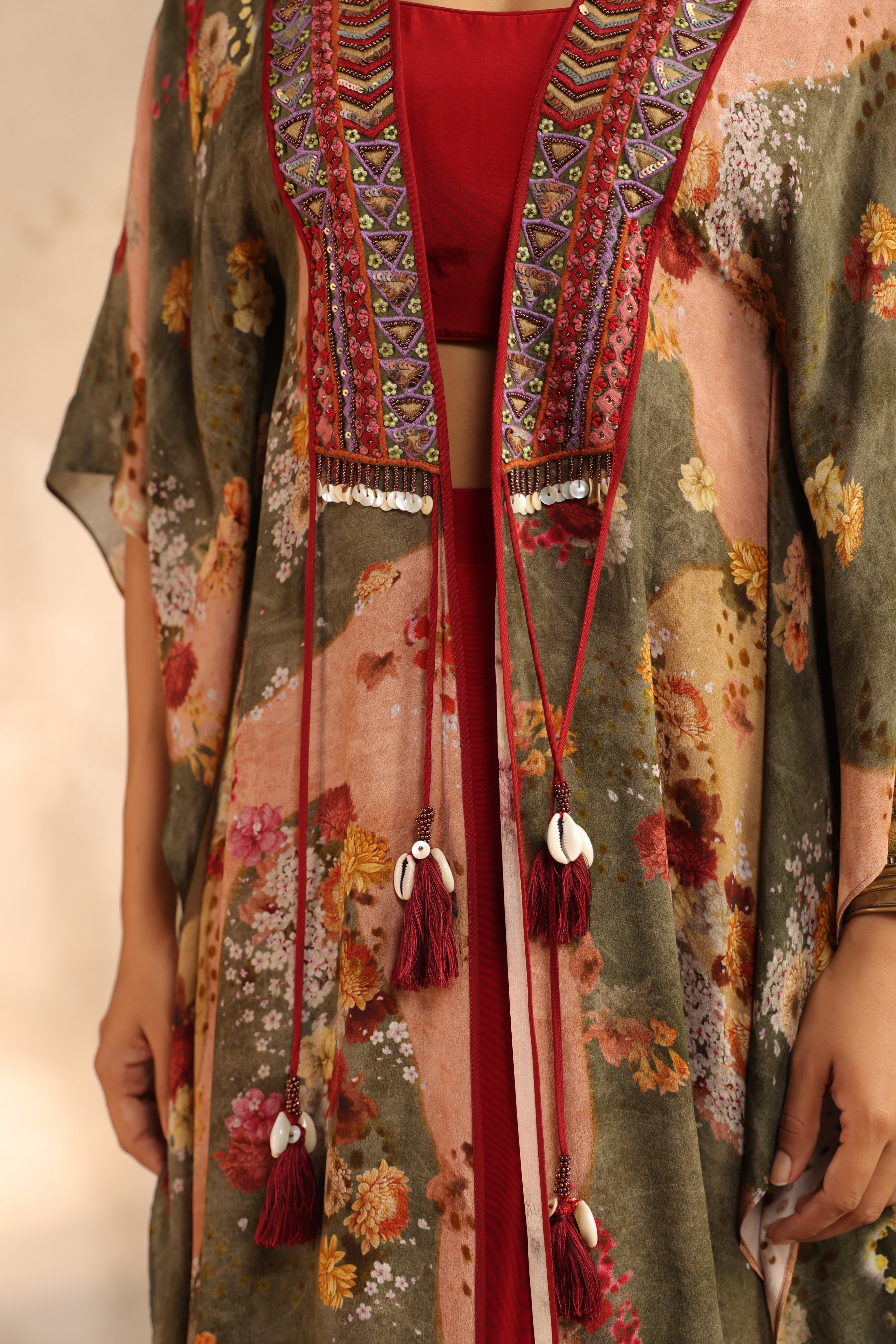 Vibrant Red Printed Viscose Crepe Cape Set