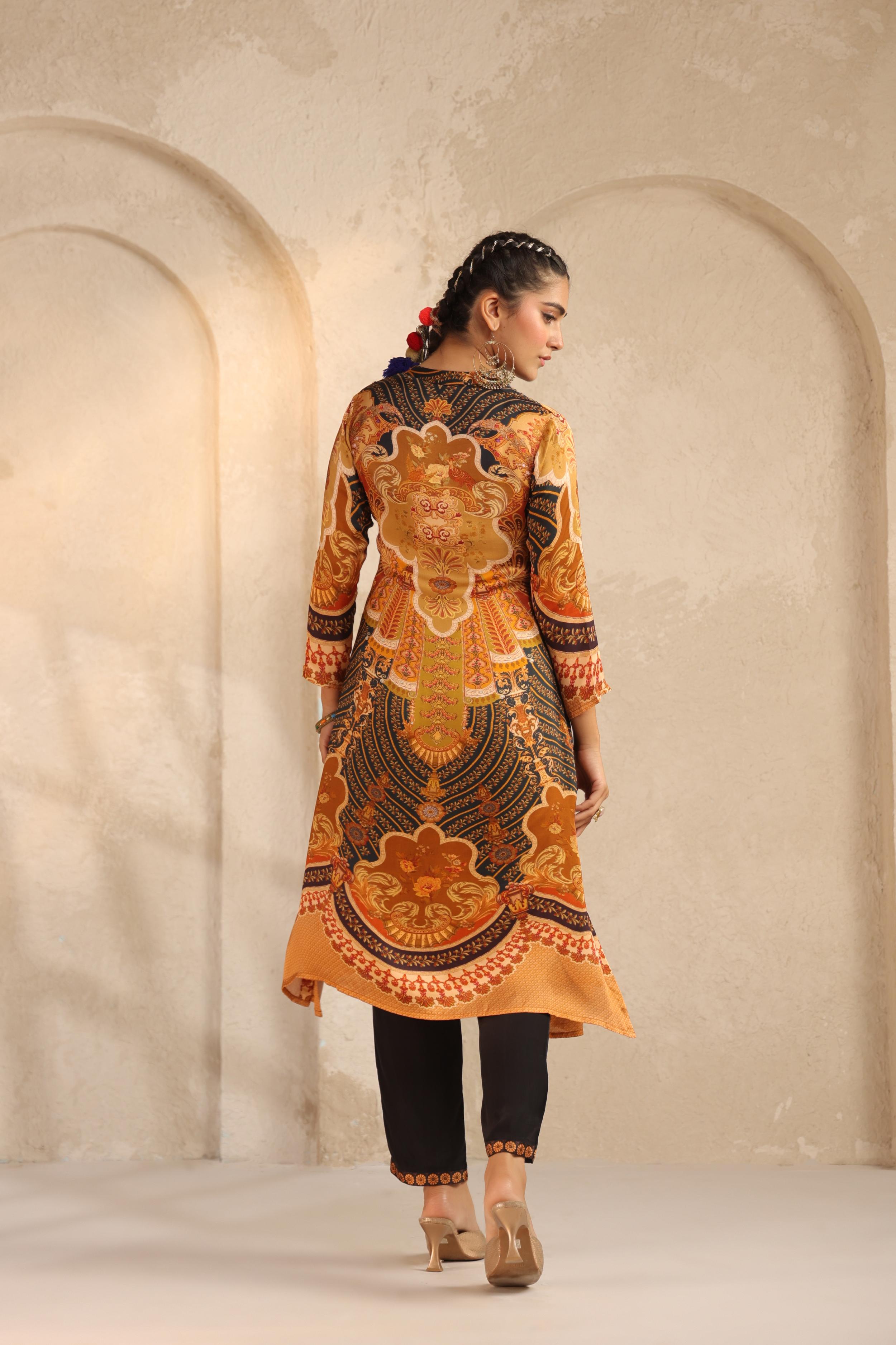 Mustard Yellow Printed Modal Satin Kurta Set