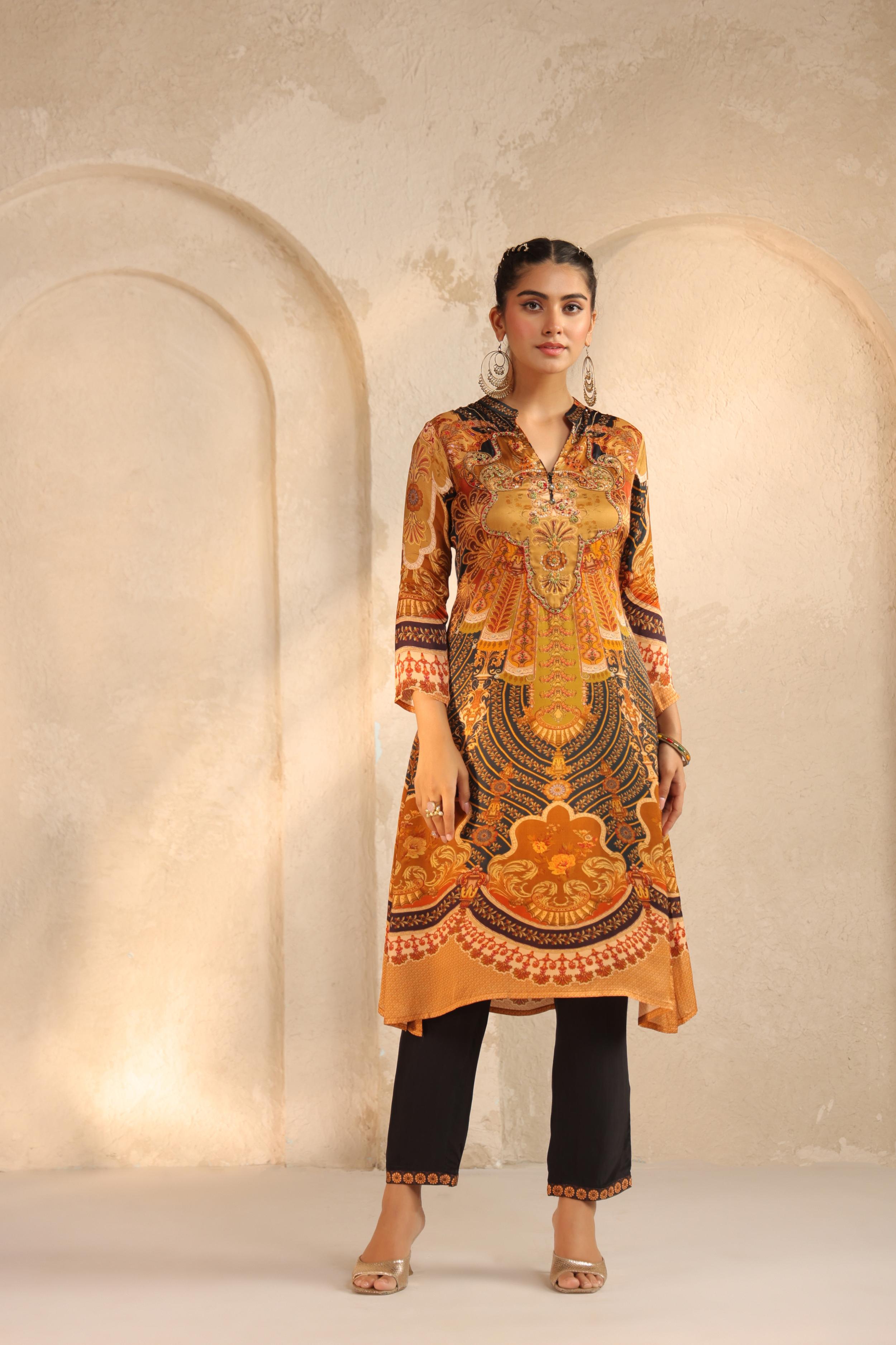 Mustard Yellow Printed Modal Satin Kurta Set