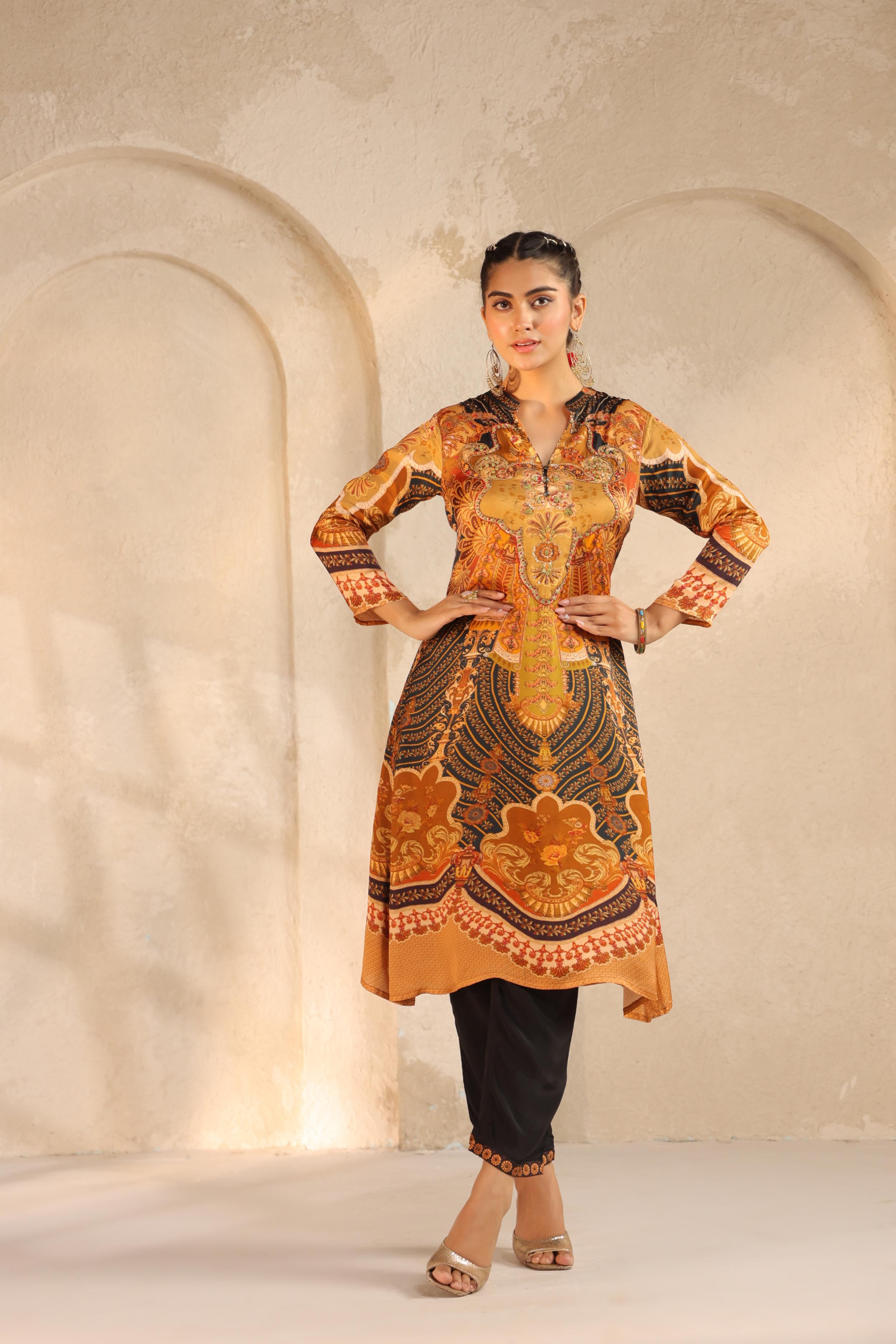 Mustard Yellow Printed Modal Satin Kurta Set