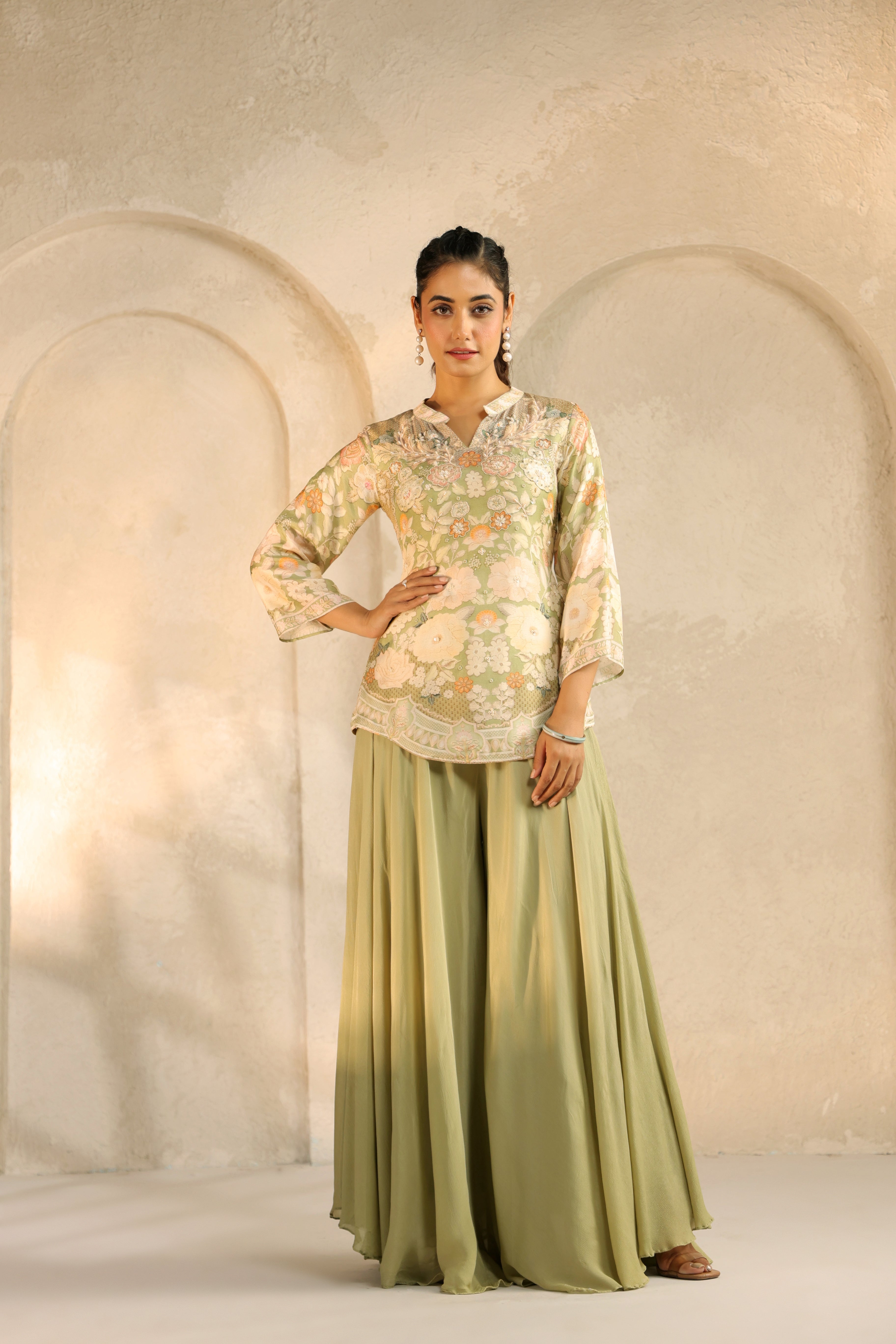Pistachio Green Printed Chinon Silk Palazzo Set