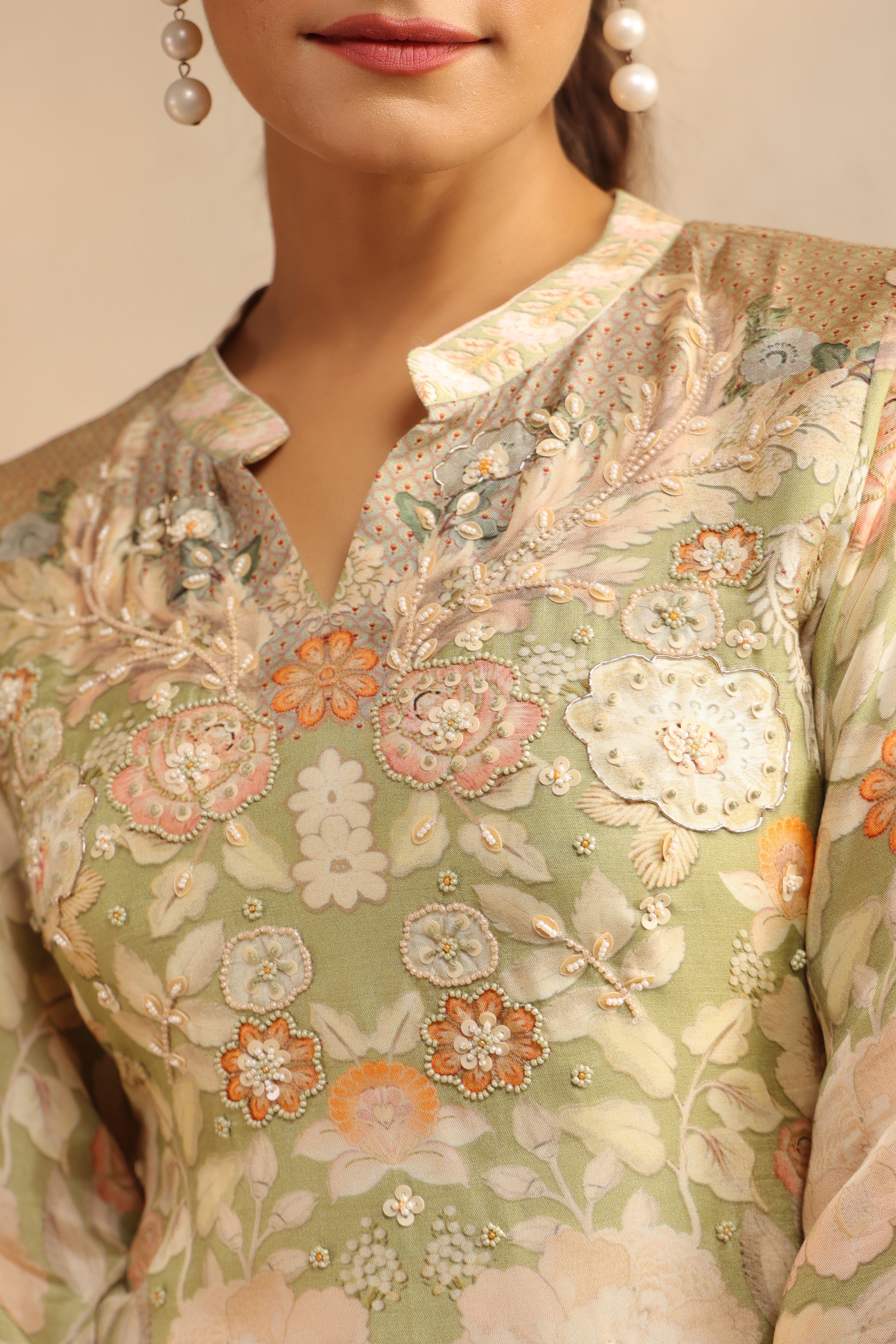 Pistachio Green Printed Chinon Silk Palazzo Set