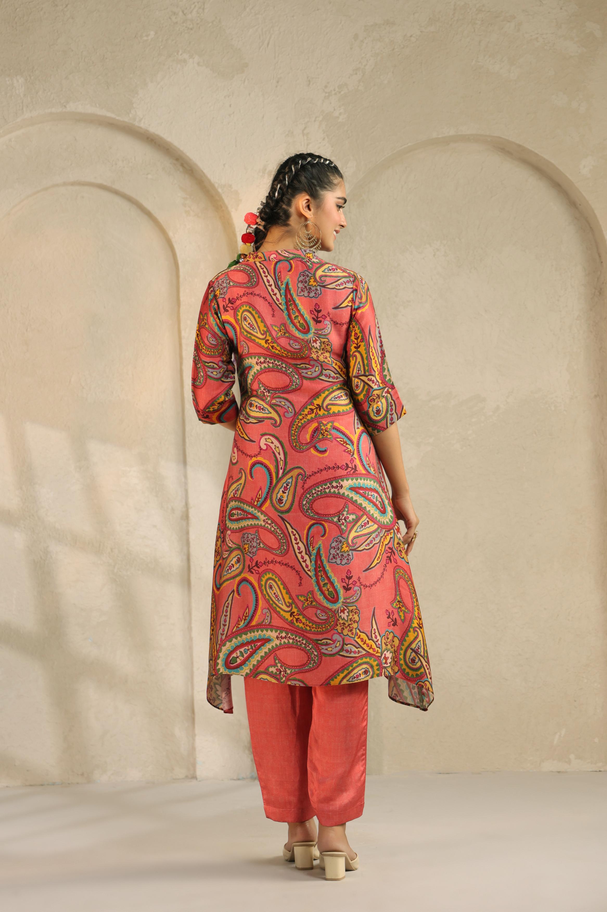 Coral Pink Printed Linen Satin Silk Kurta Set