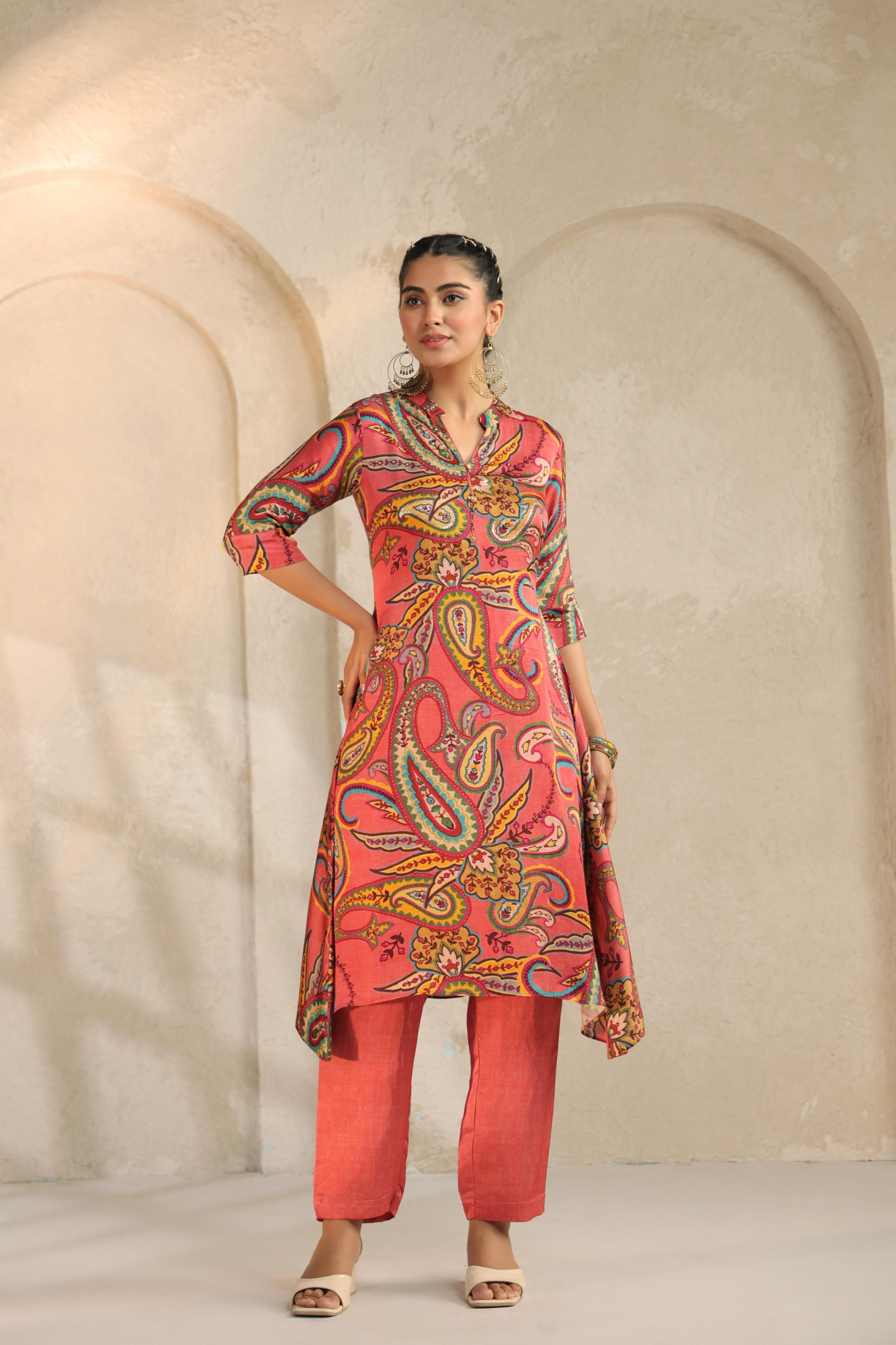 Coral Pink Printed Linen Satin Silk Kurta Set