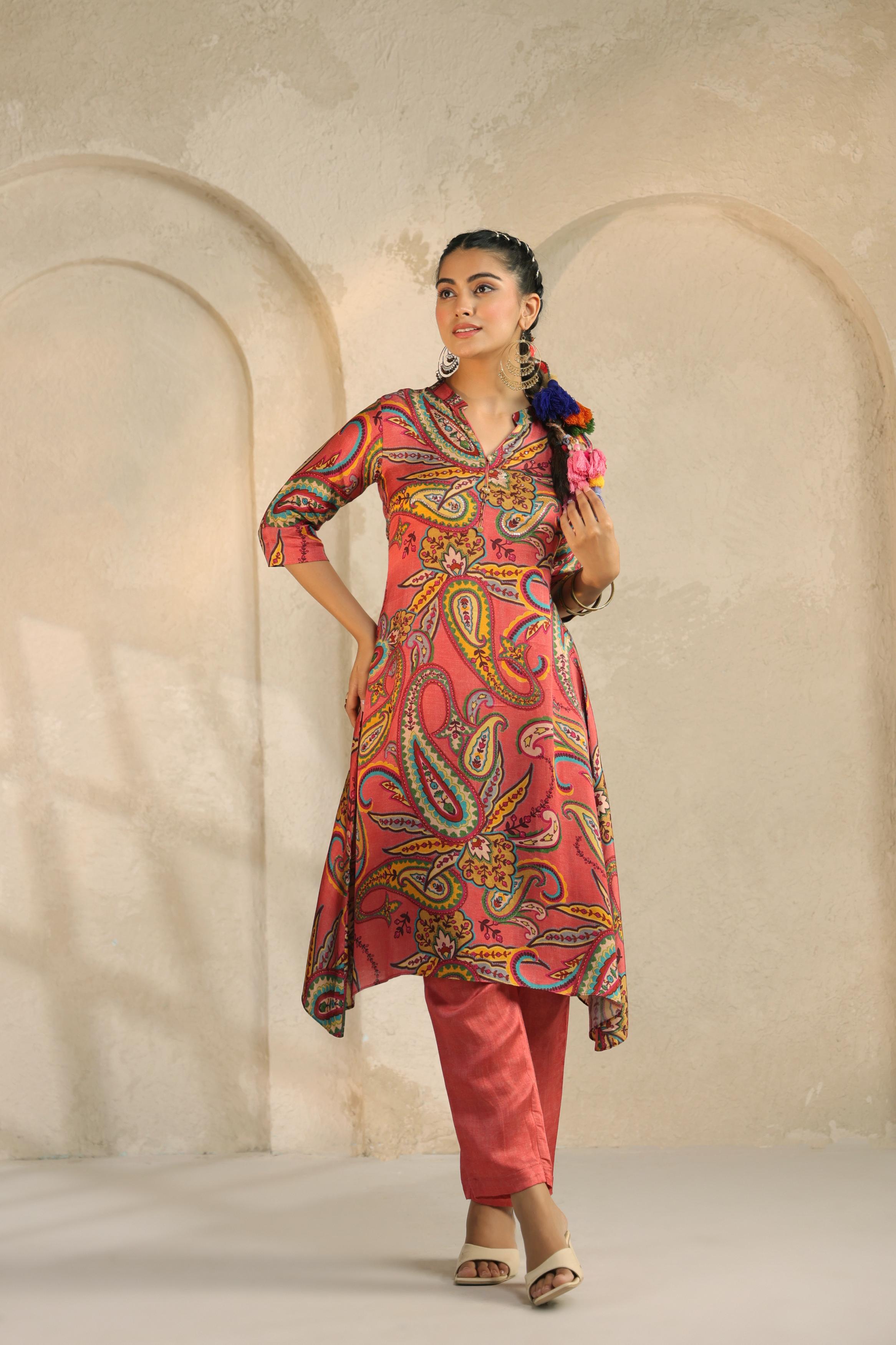 Coral Pink Printed Linen Satin Silk Kurta Set