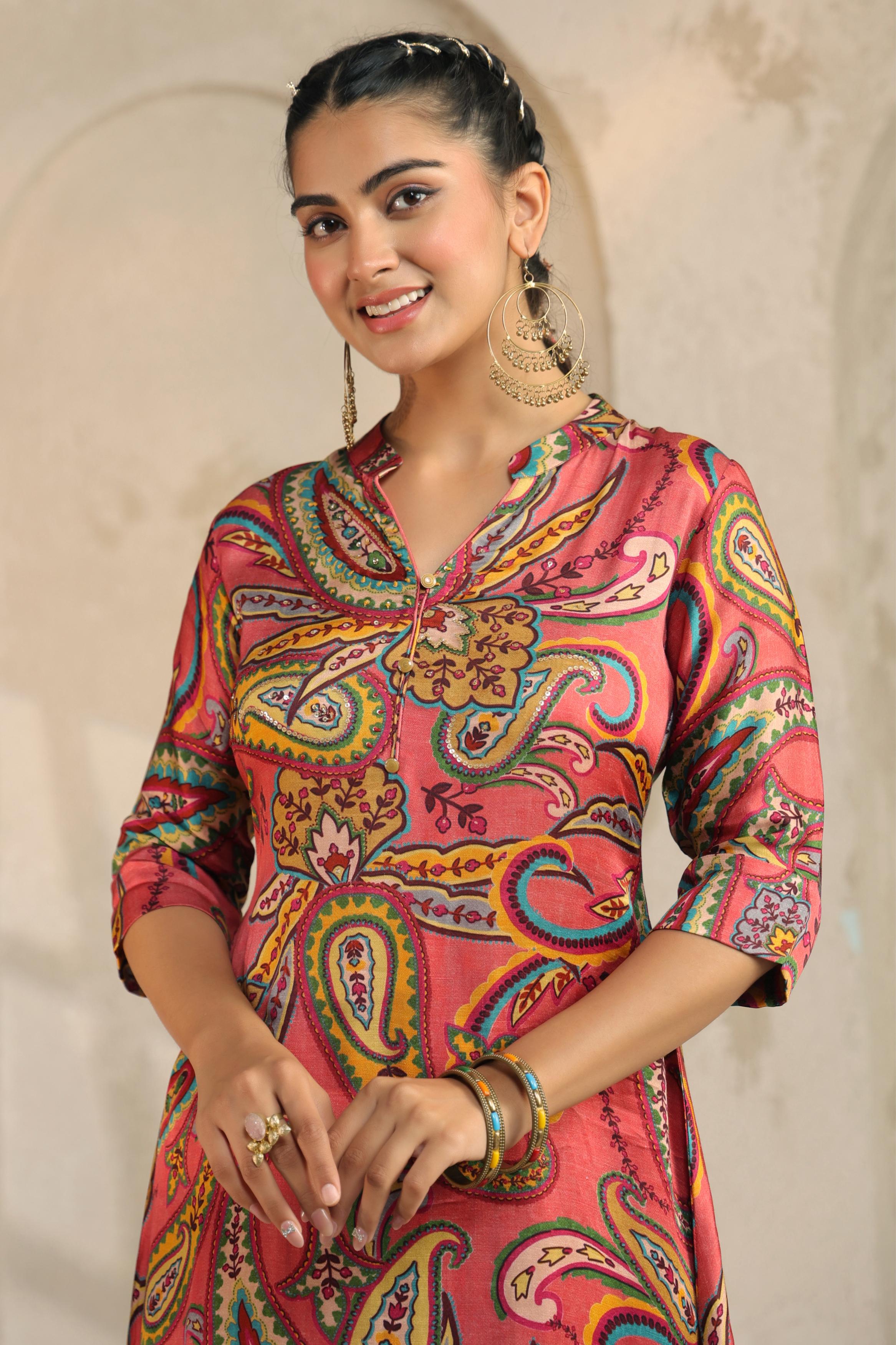 Coral Pink Printed Linen Satin Silk Kurta Set