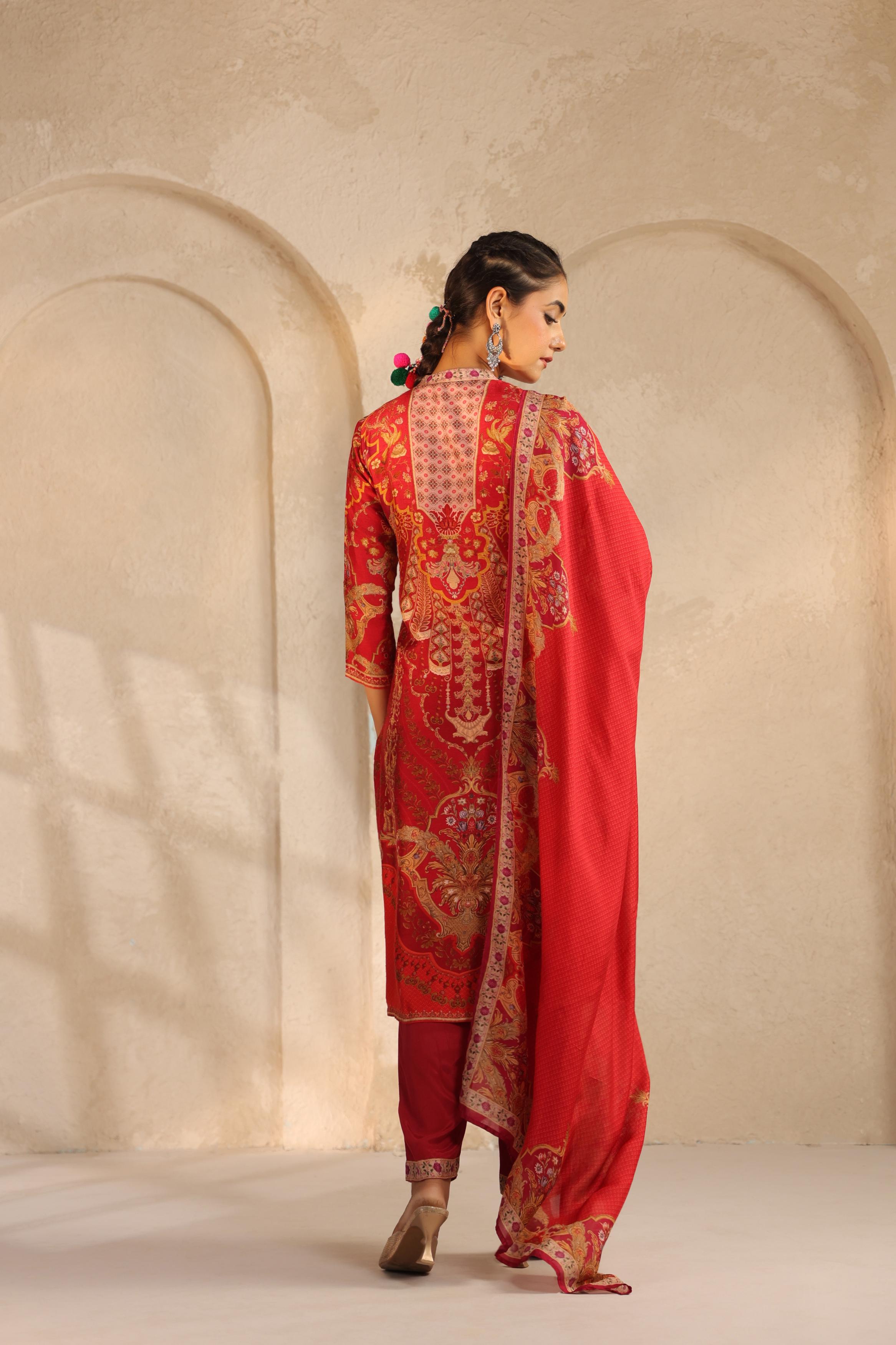 Crimson Red Printed Dola Silk Pant Set