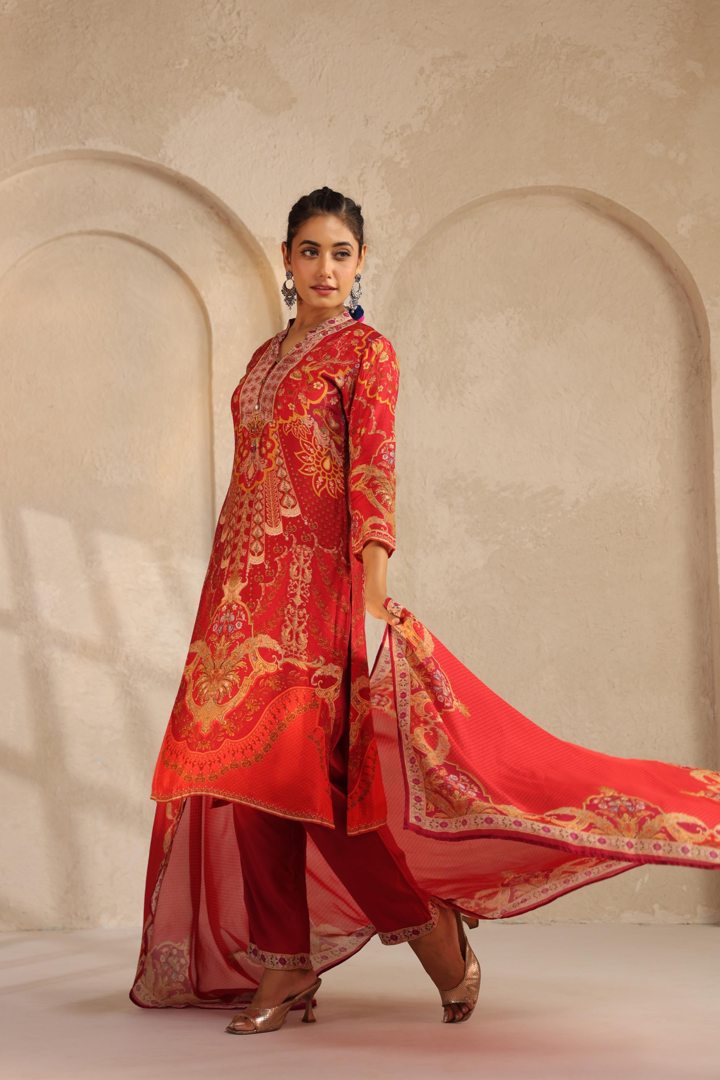 Crimson Red Printed Dola Silk Pant Set