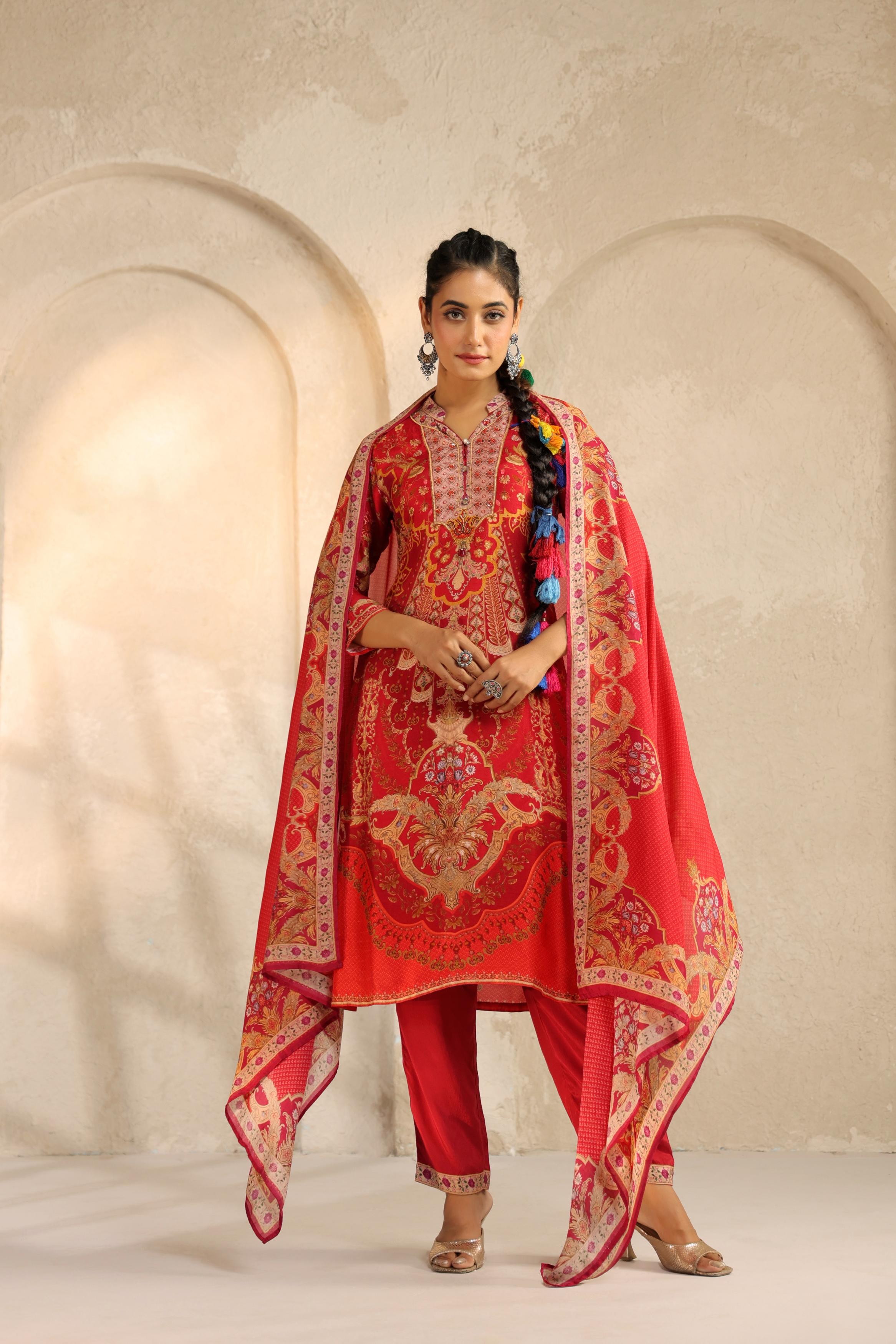 Crimson Red Printed Dola Silk Pant Set