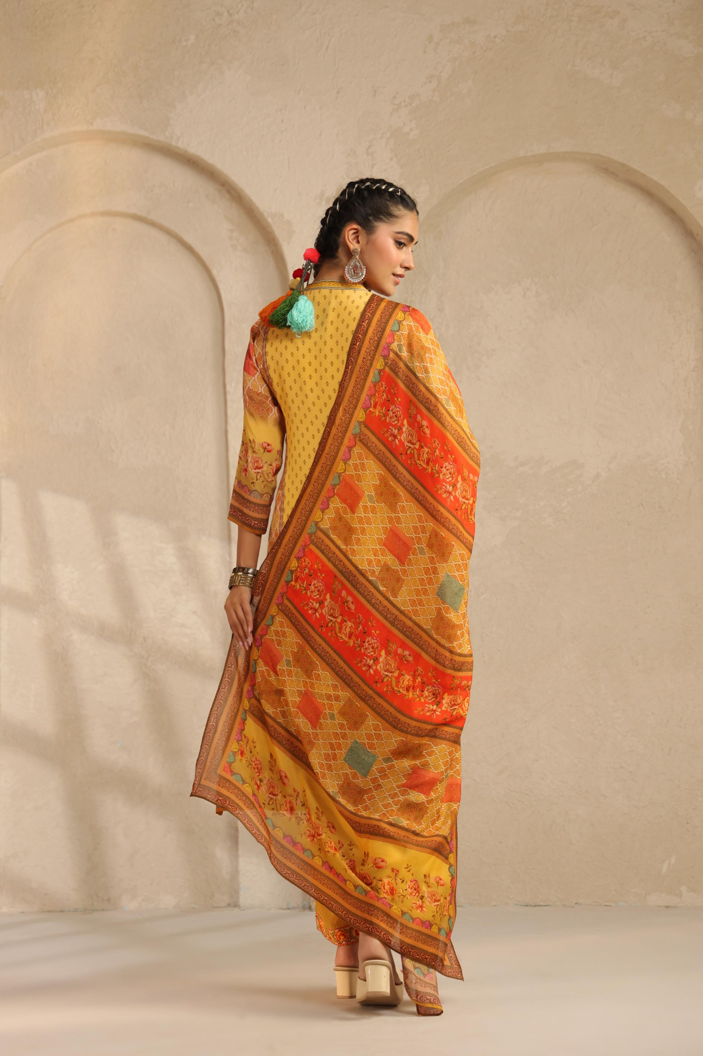 Mustard Yellow Printed Viscose Crepe Pant Set