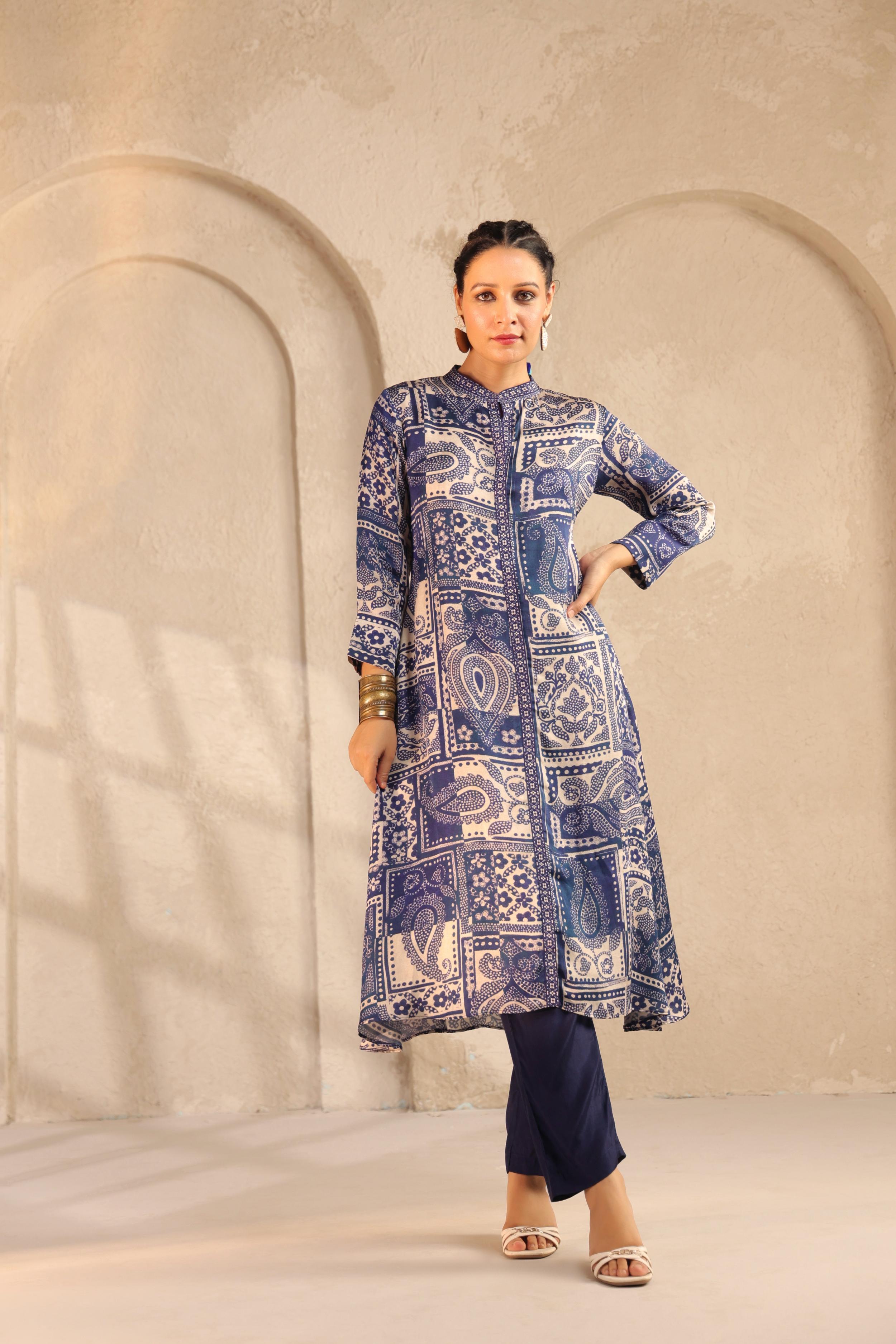 Blue Printed Linen Satin Silk Kurta Set