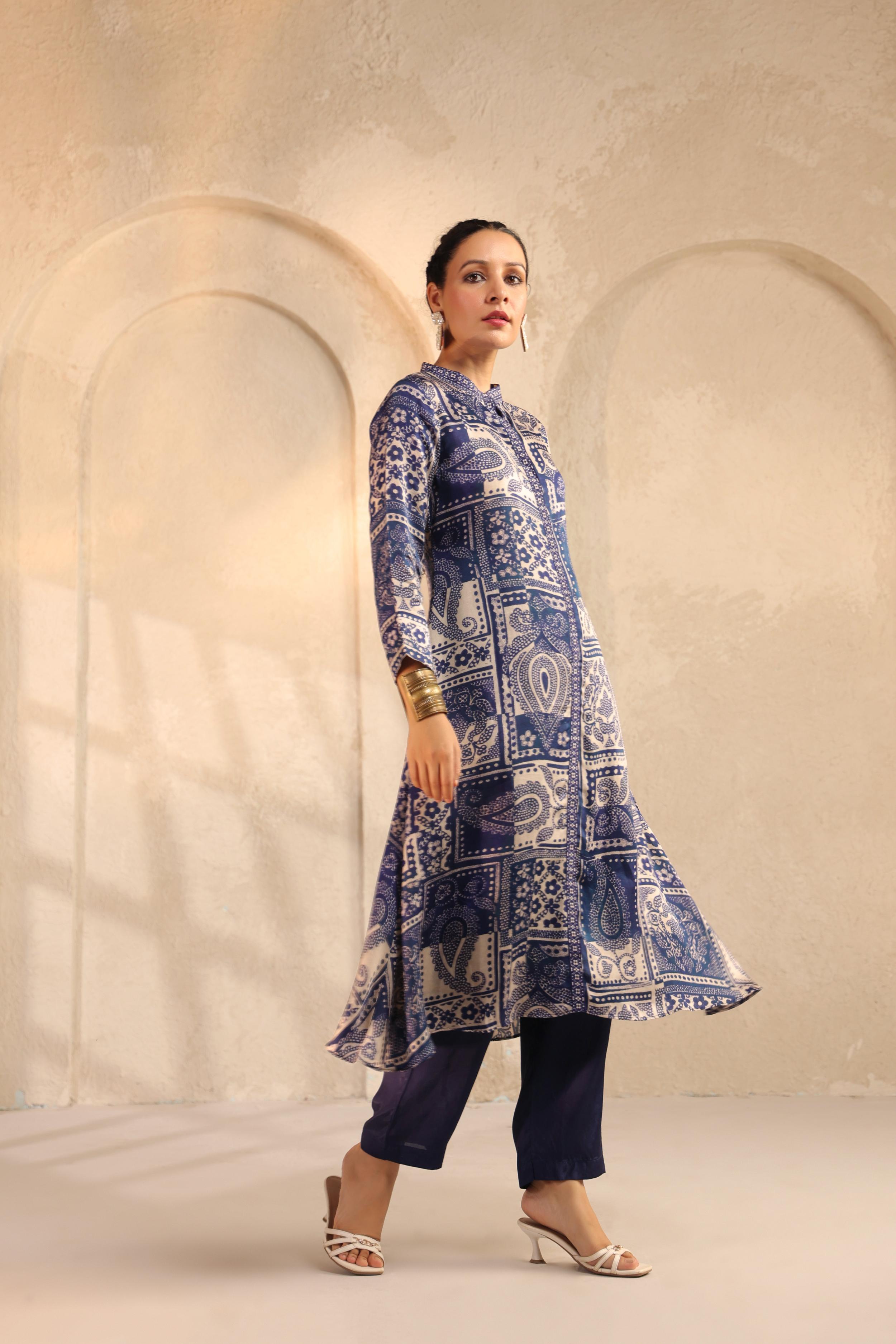 Blue Printed Linen Satin Silk Kurta Set
