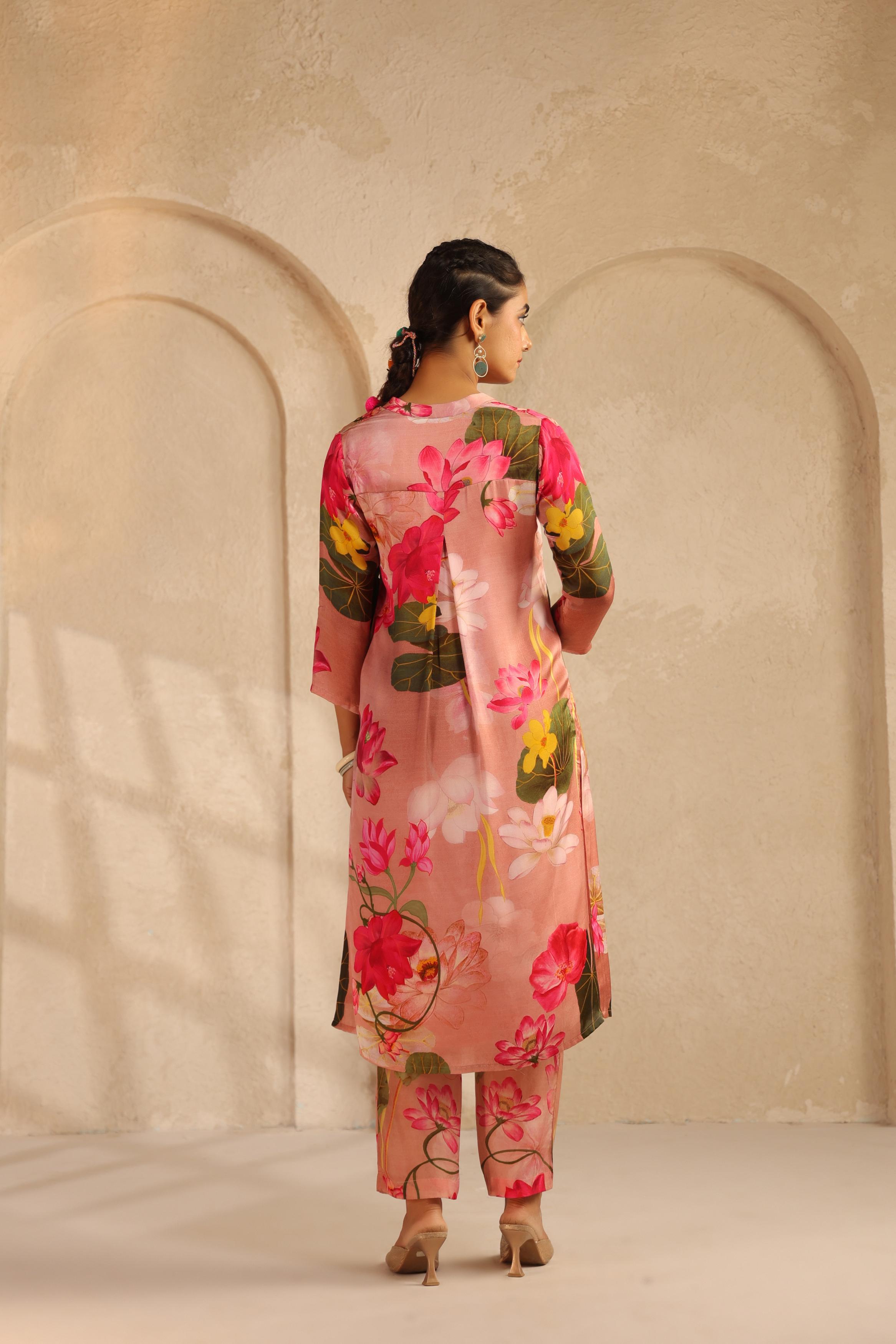 Blush Peach Printed Modal Satin Kurta Set