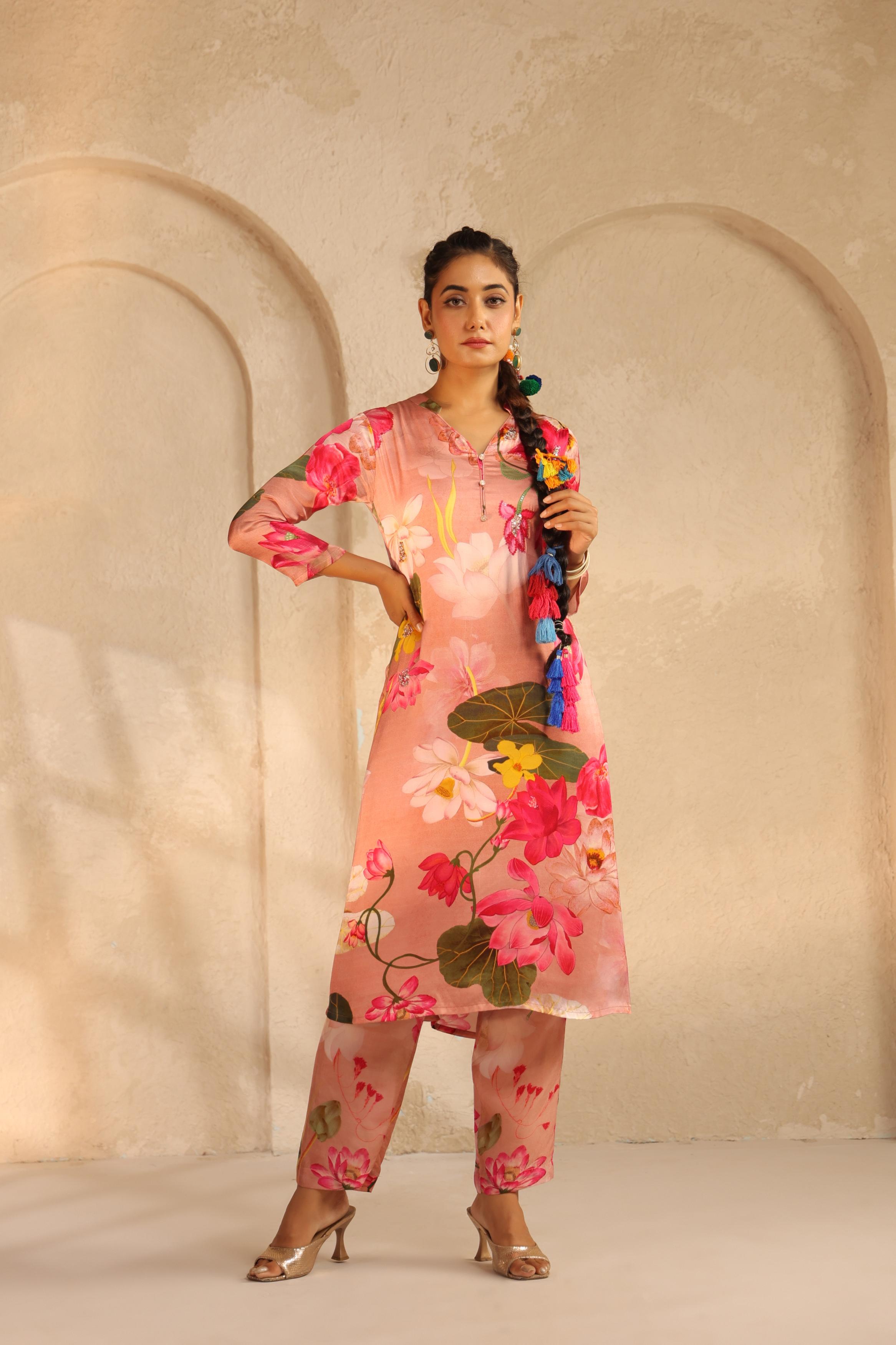 Blush Peach Printed Modal Satin Kurta Set