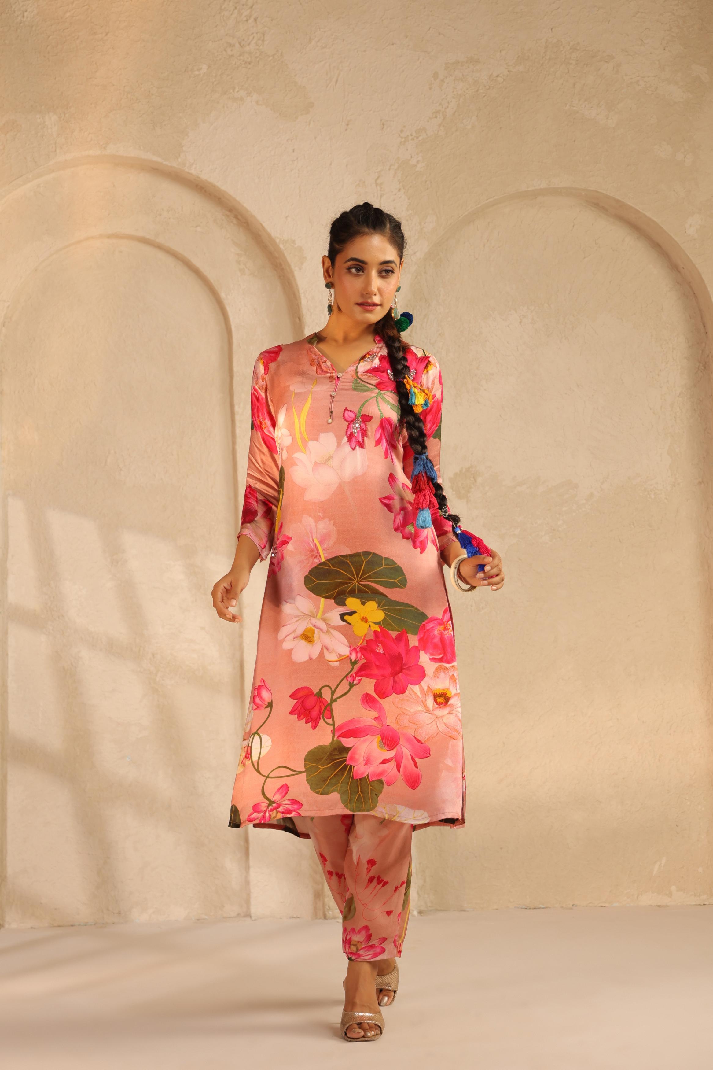 Blush Peach Printed Modal Satin Kurta Set