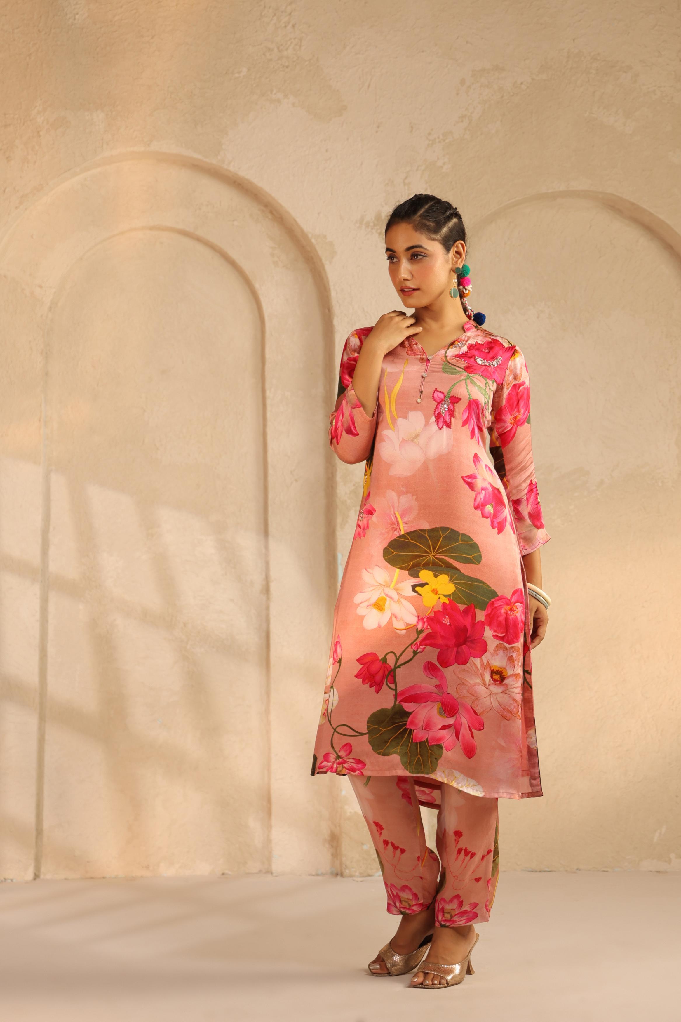 Blush Peach Printed Modal Satin Kurta Set