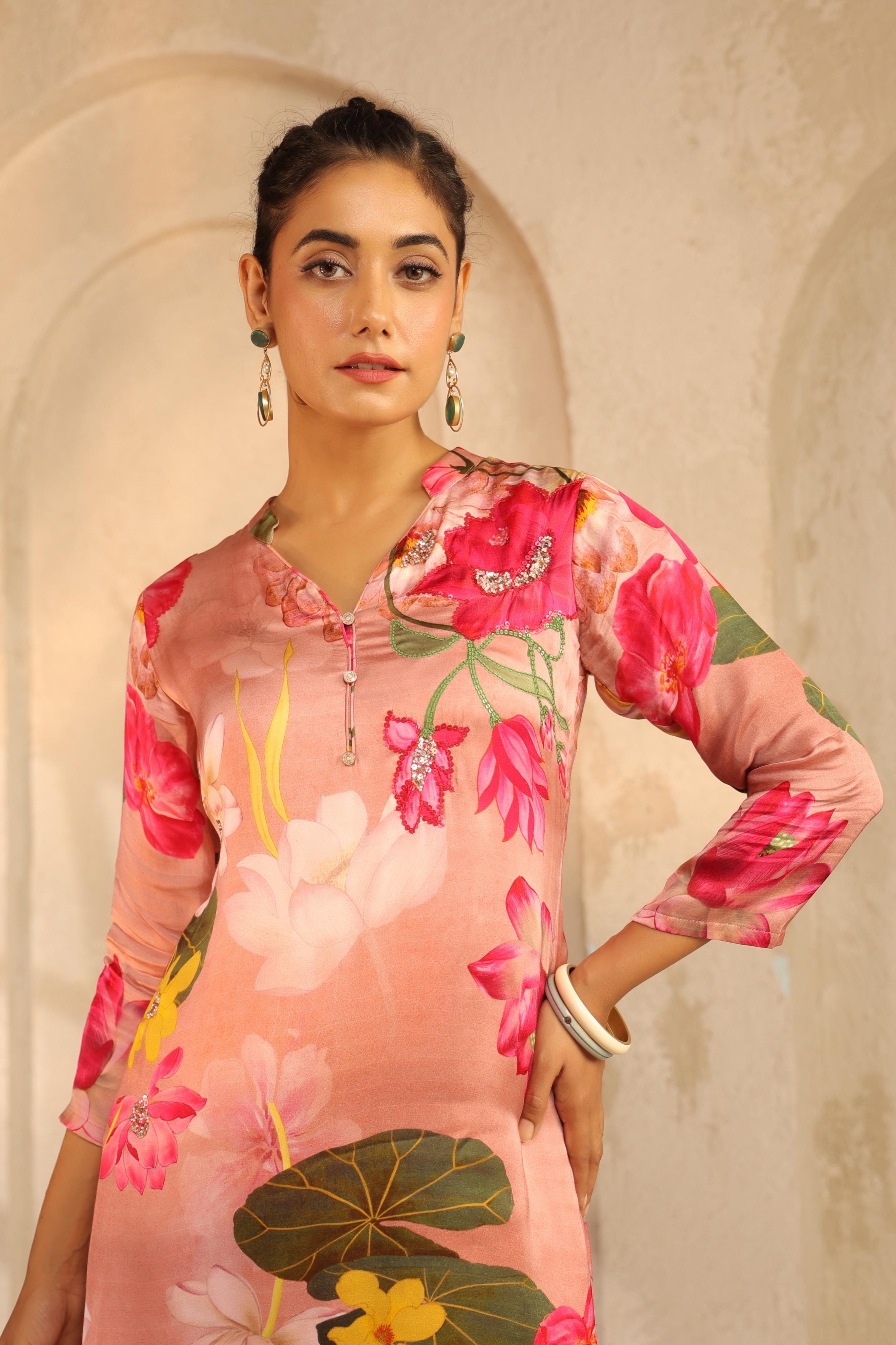Blush Peach Printed Modal Satin Kurta Set