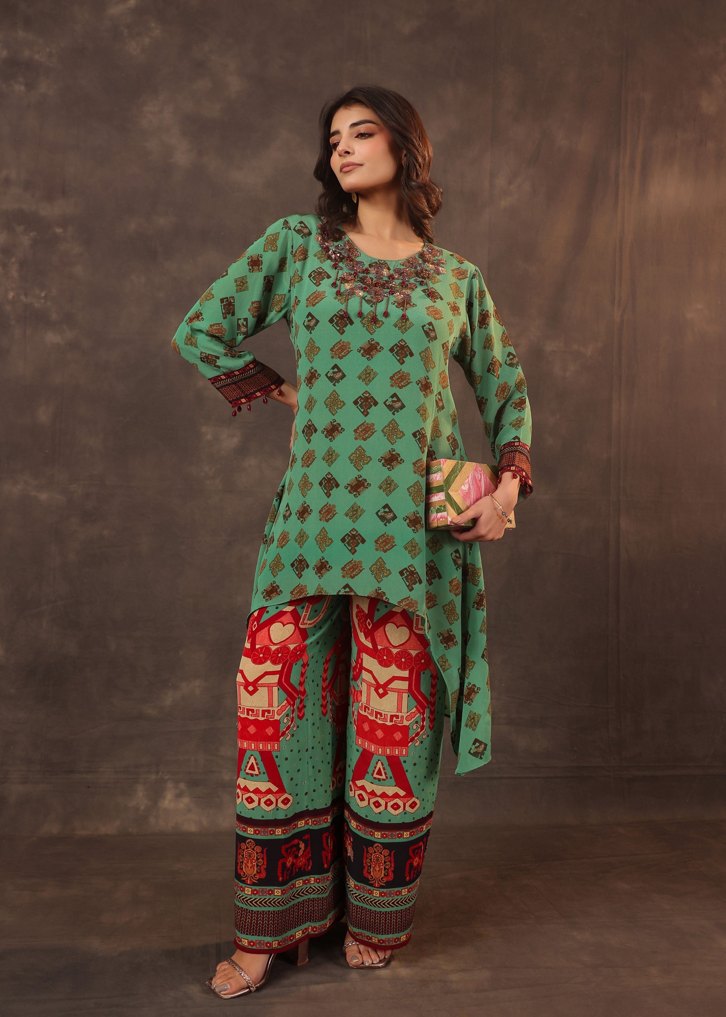 Jade Ethnic Printed Crepe Silk Palazzo Set