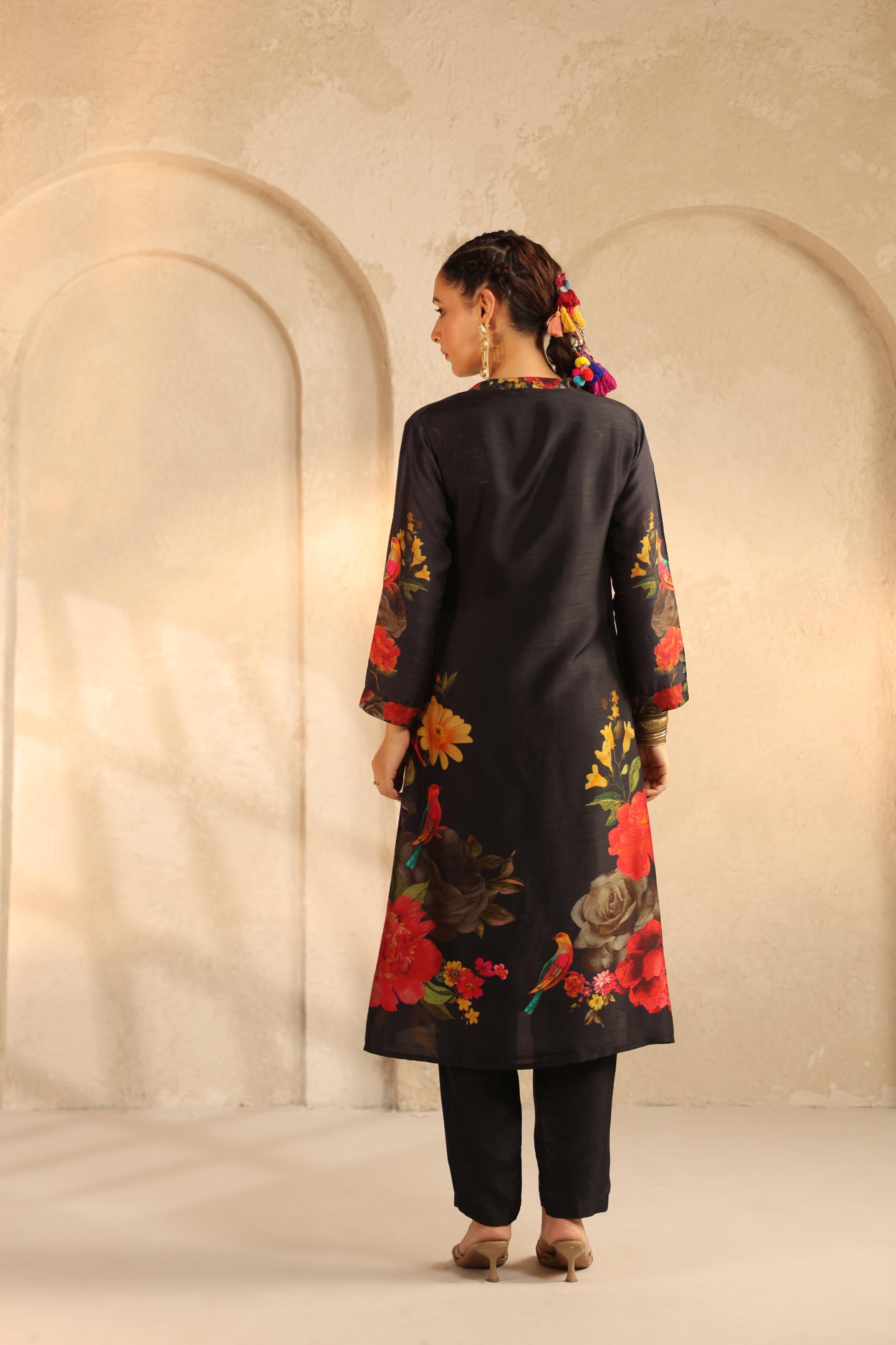 Black Printed Dola Silk Kurta Set