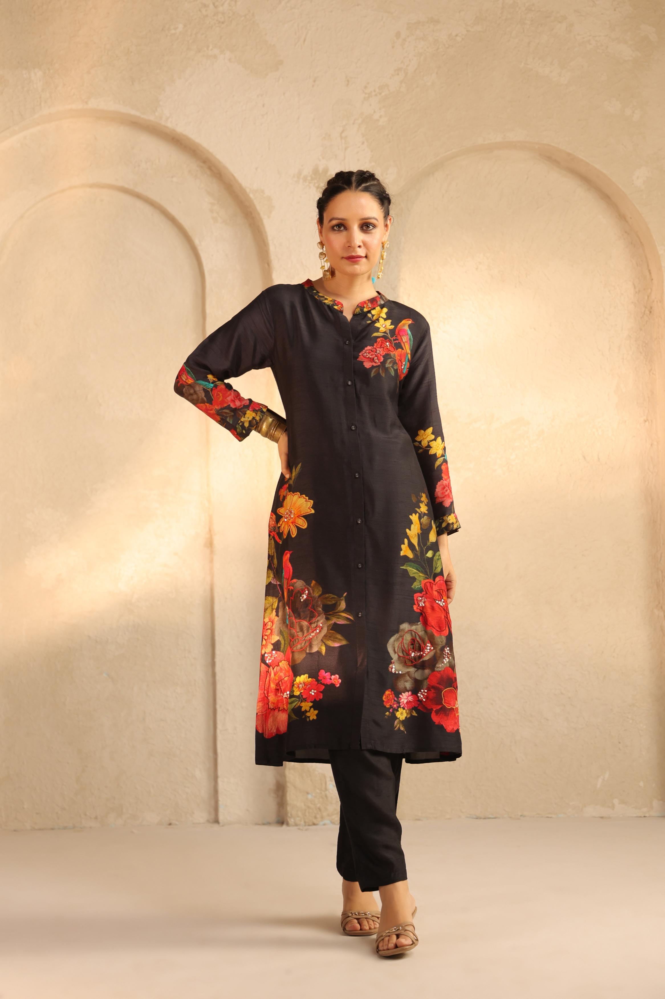 Black Printed Dola Silk Kurta Set