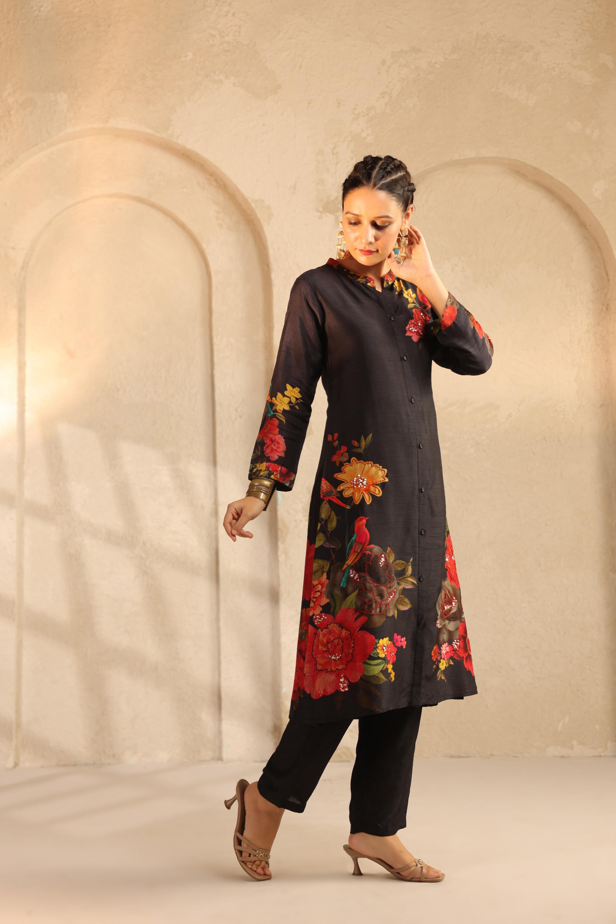 Black Printed Dola Silk Kurta Set