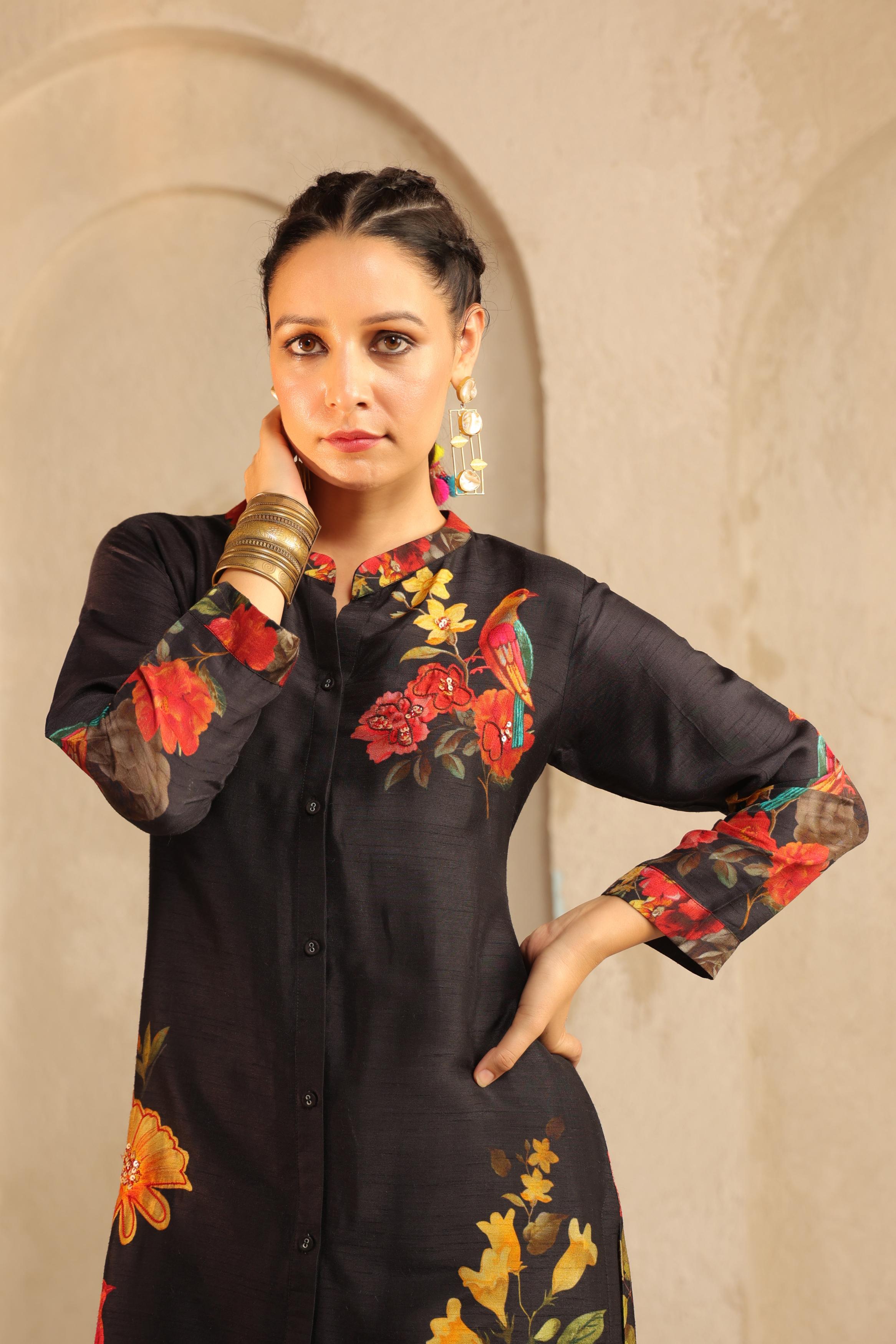Black Printed Dola Silk Kurta Set