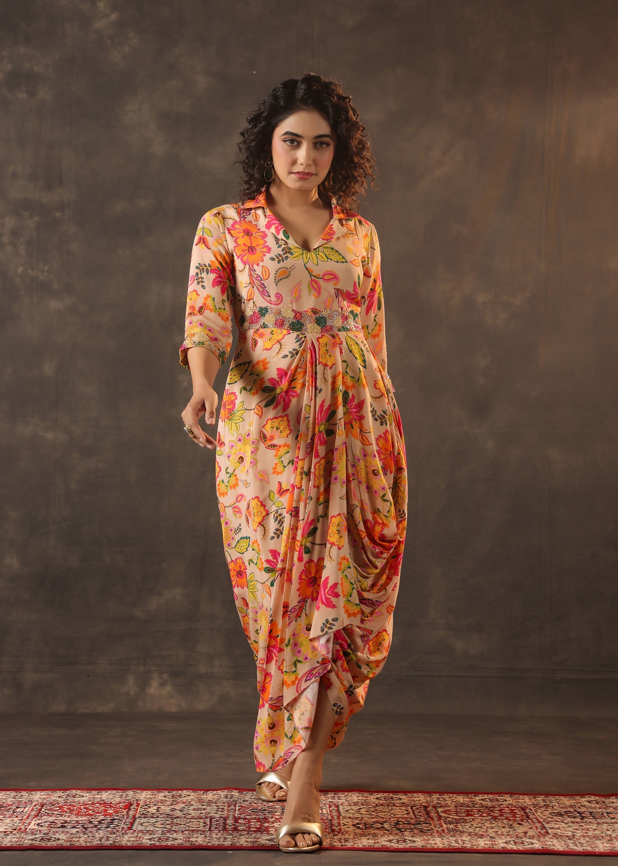 Peach Nectar Printed Crepe Silk Draped Dress