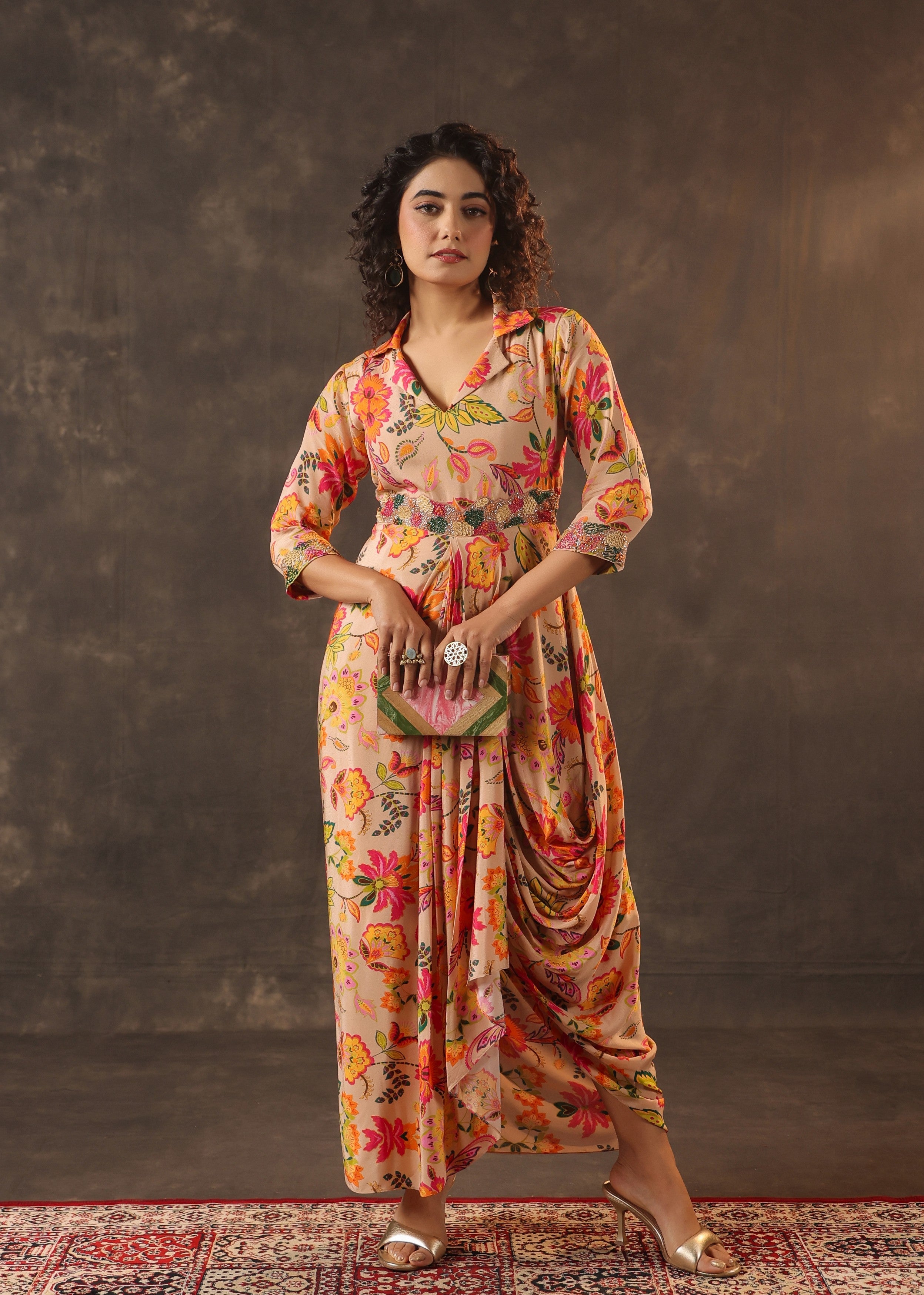 Peach Nectar Printed Crepe Silk Draped Dress