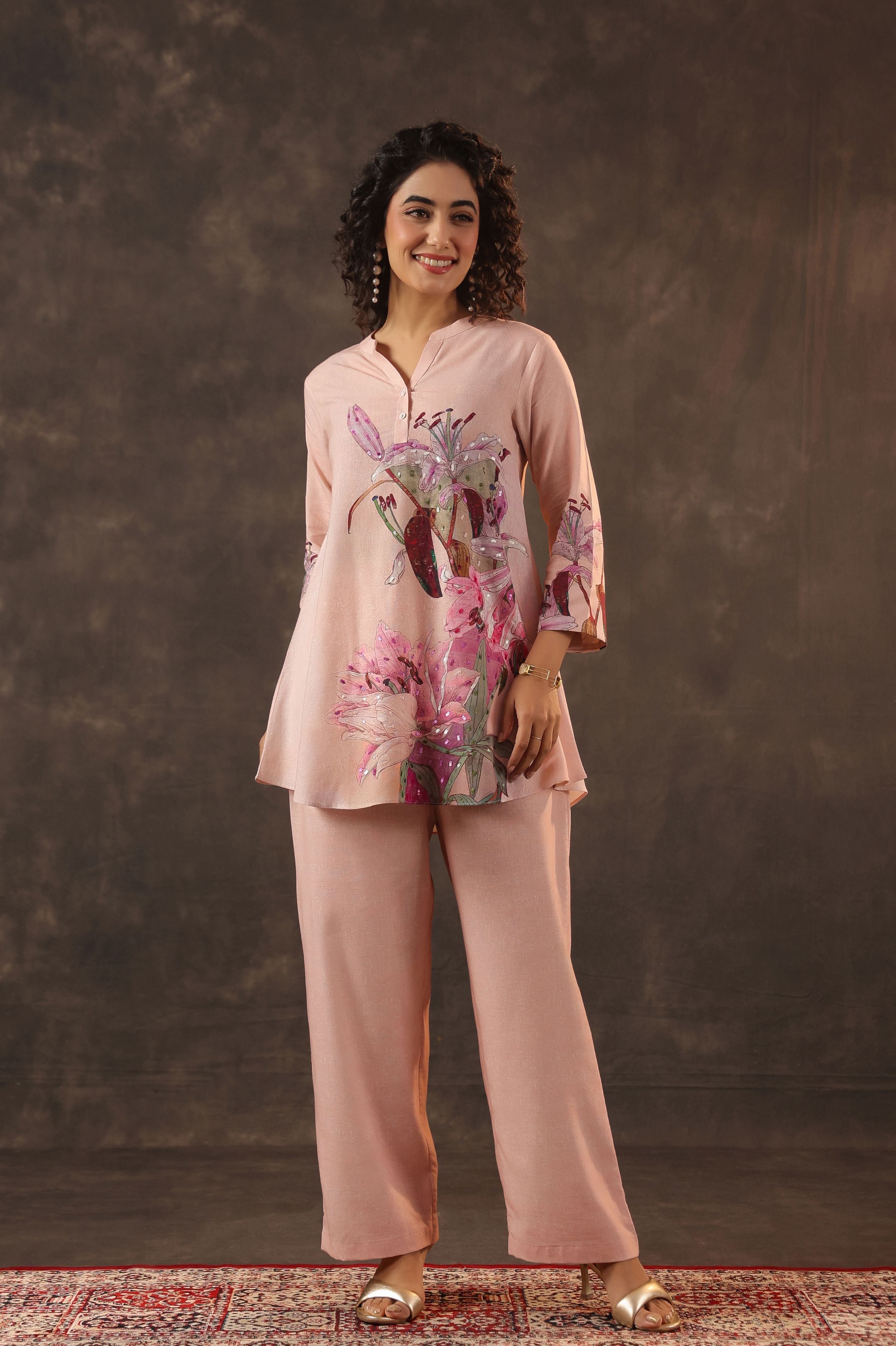 Petal Pink Embellished Linen Co-Ord Set