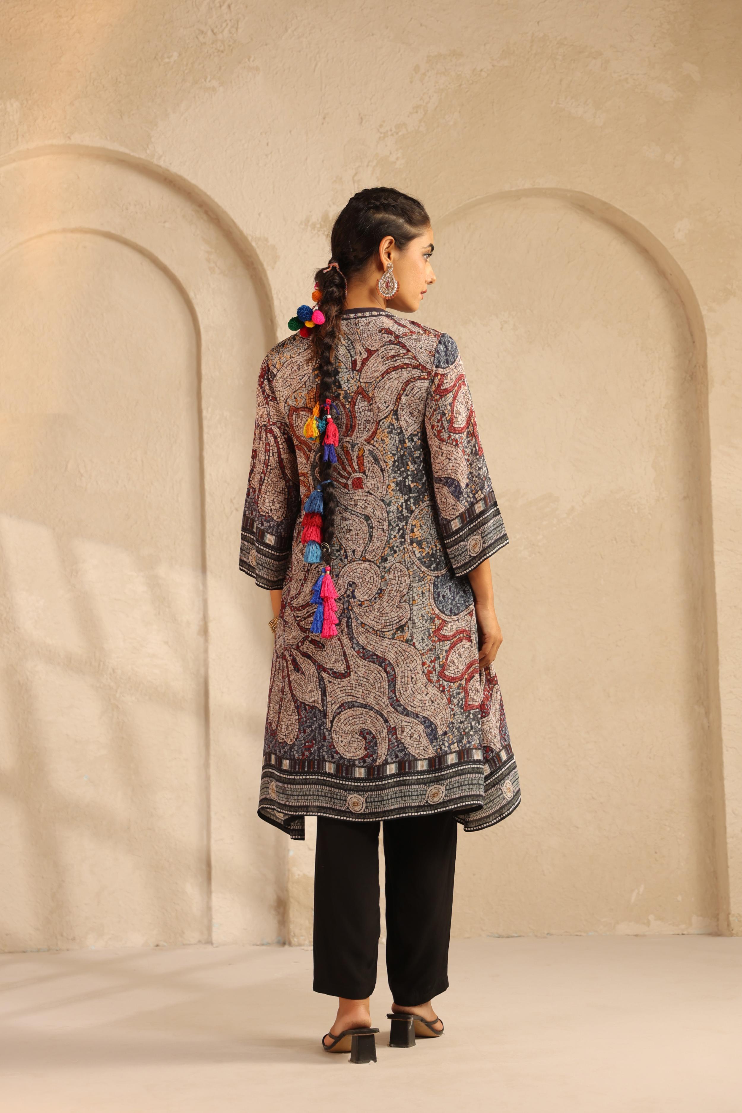 Navy Blue Printed Viscose Crepe Kurta Set
