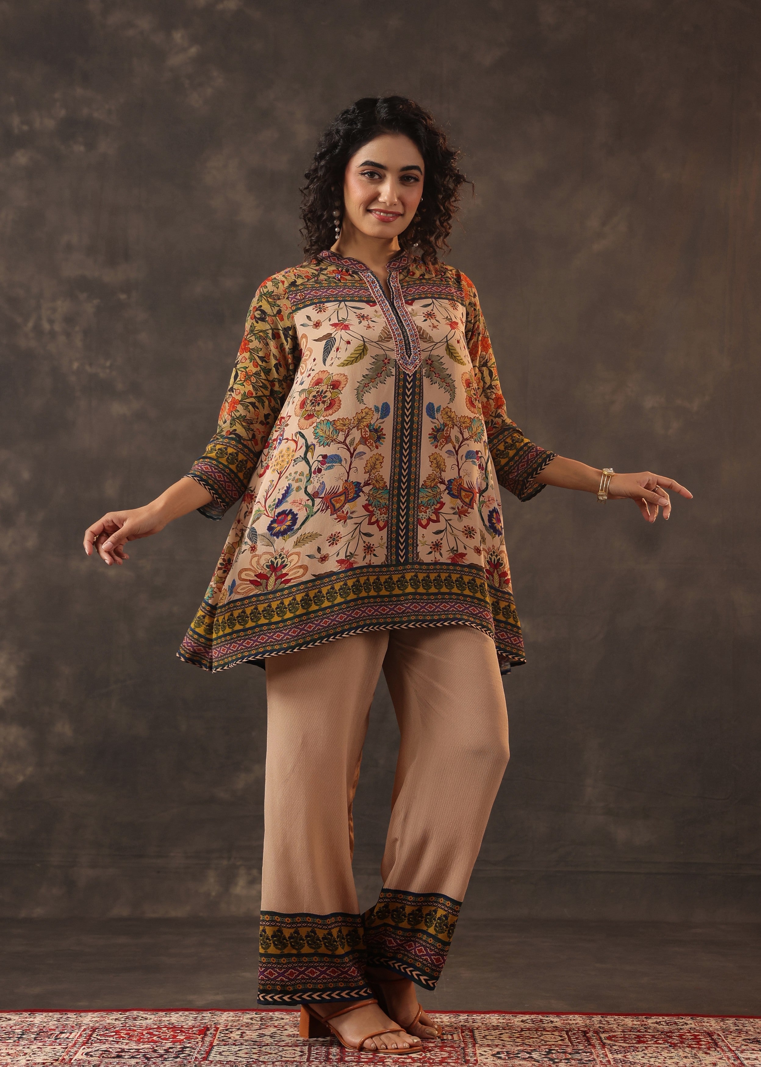 Sandalwood Beige Printed Crepe Silk Co-Ord Set