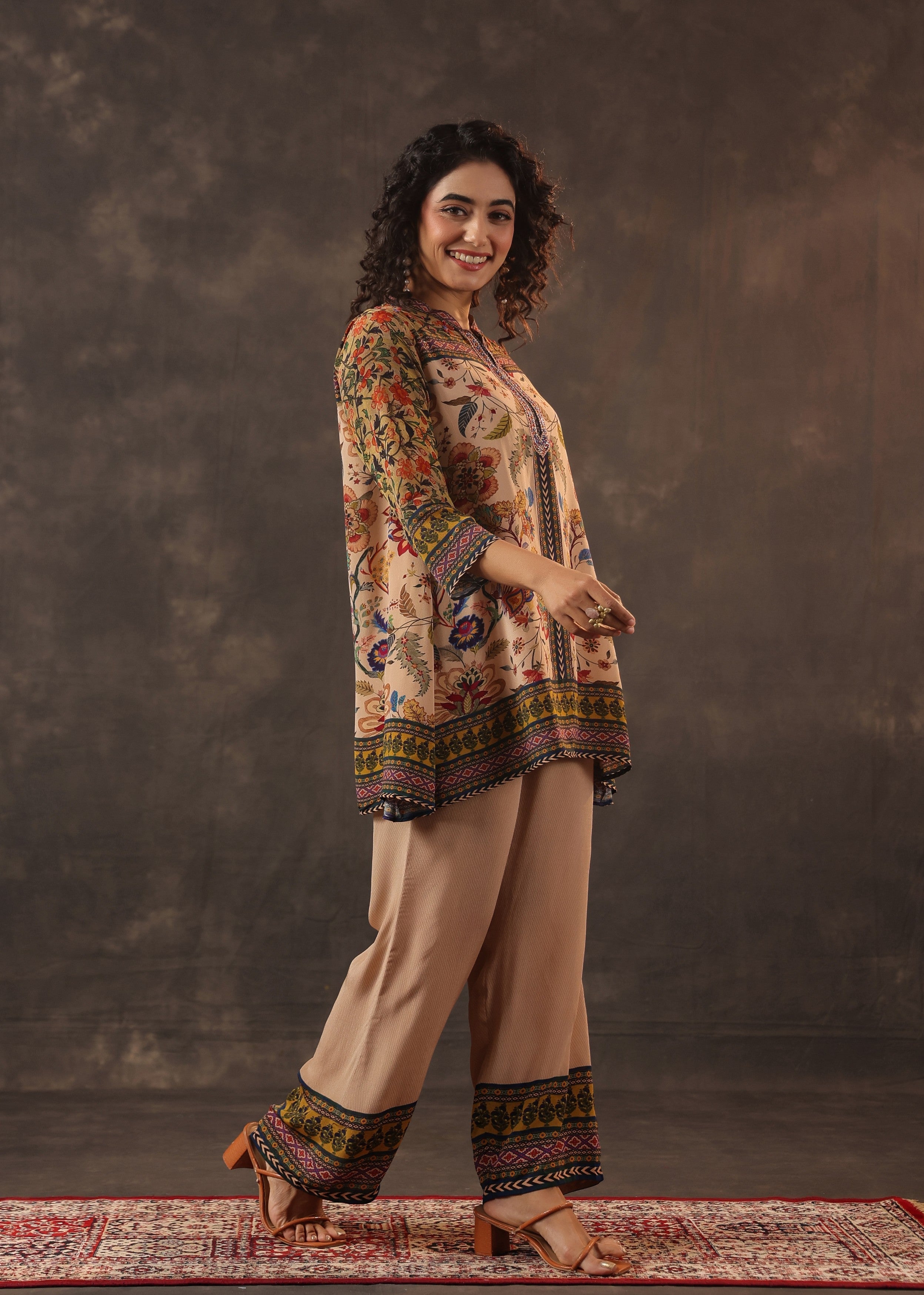 Sandalwood Beige Printed Crepe Silk Co-Ord Set