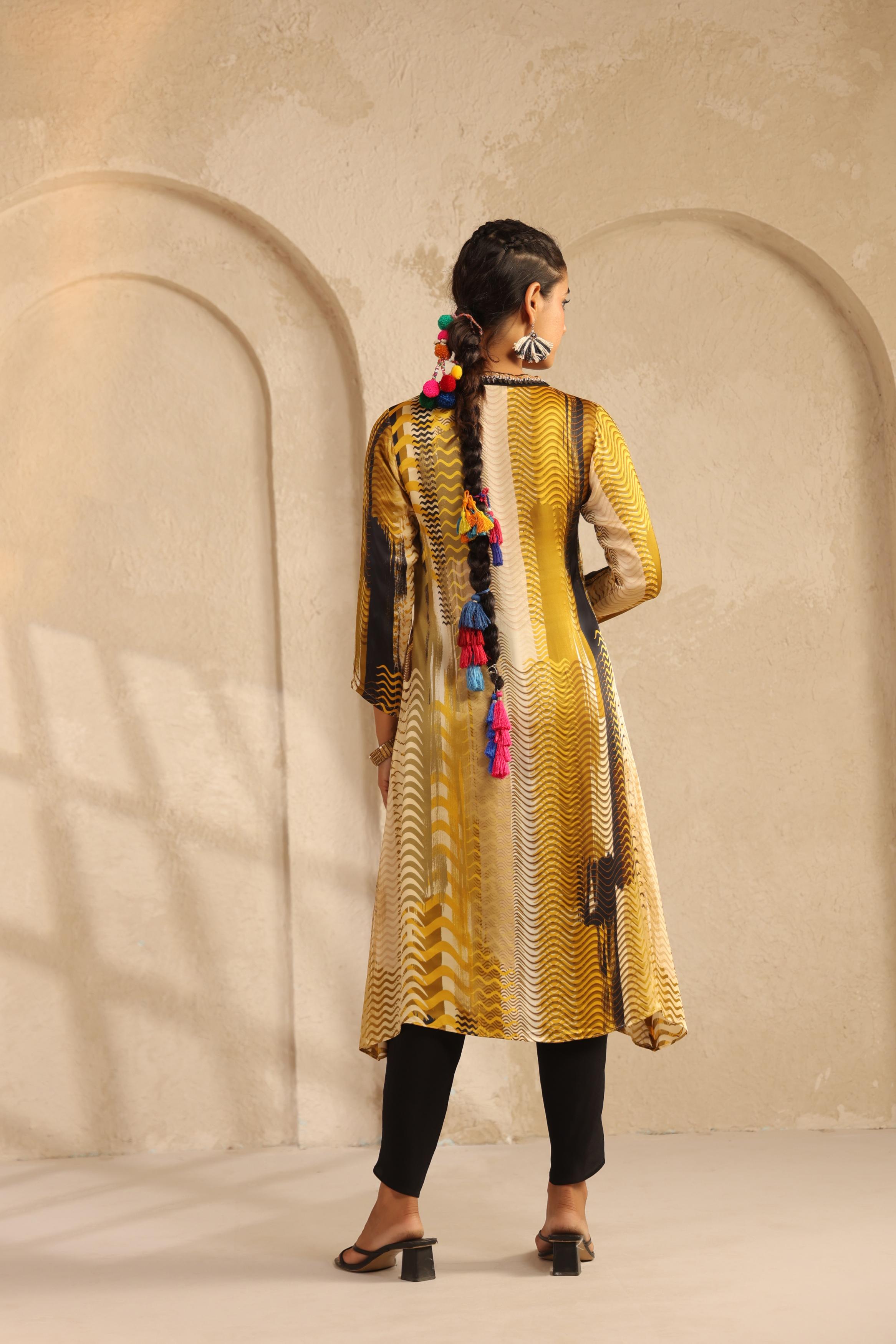 Mustard Printed Bamberg Satin Kurta Set