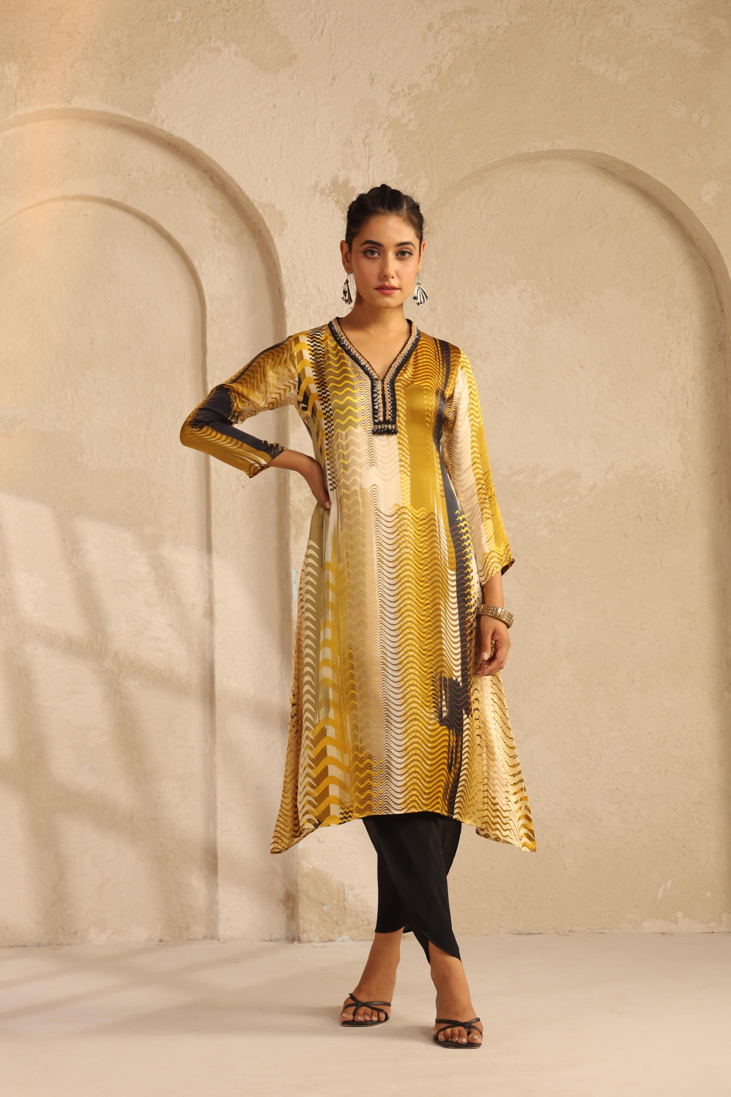 Mustard Printed Bamberg Satin Kurta Set
