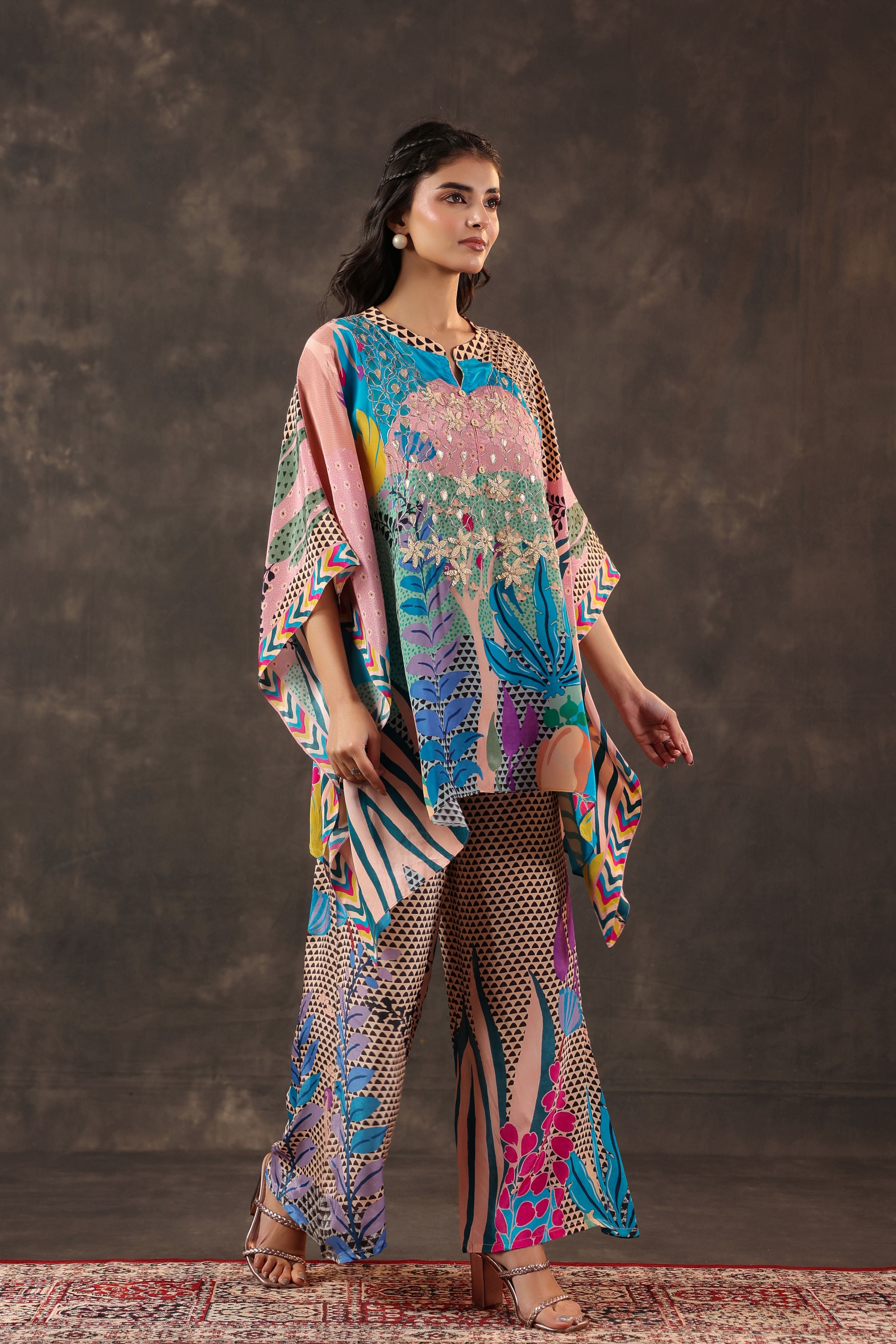 Aqua Botanical Printed Crepe Silk Co-Ord Set