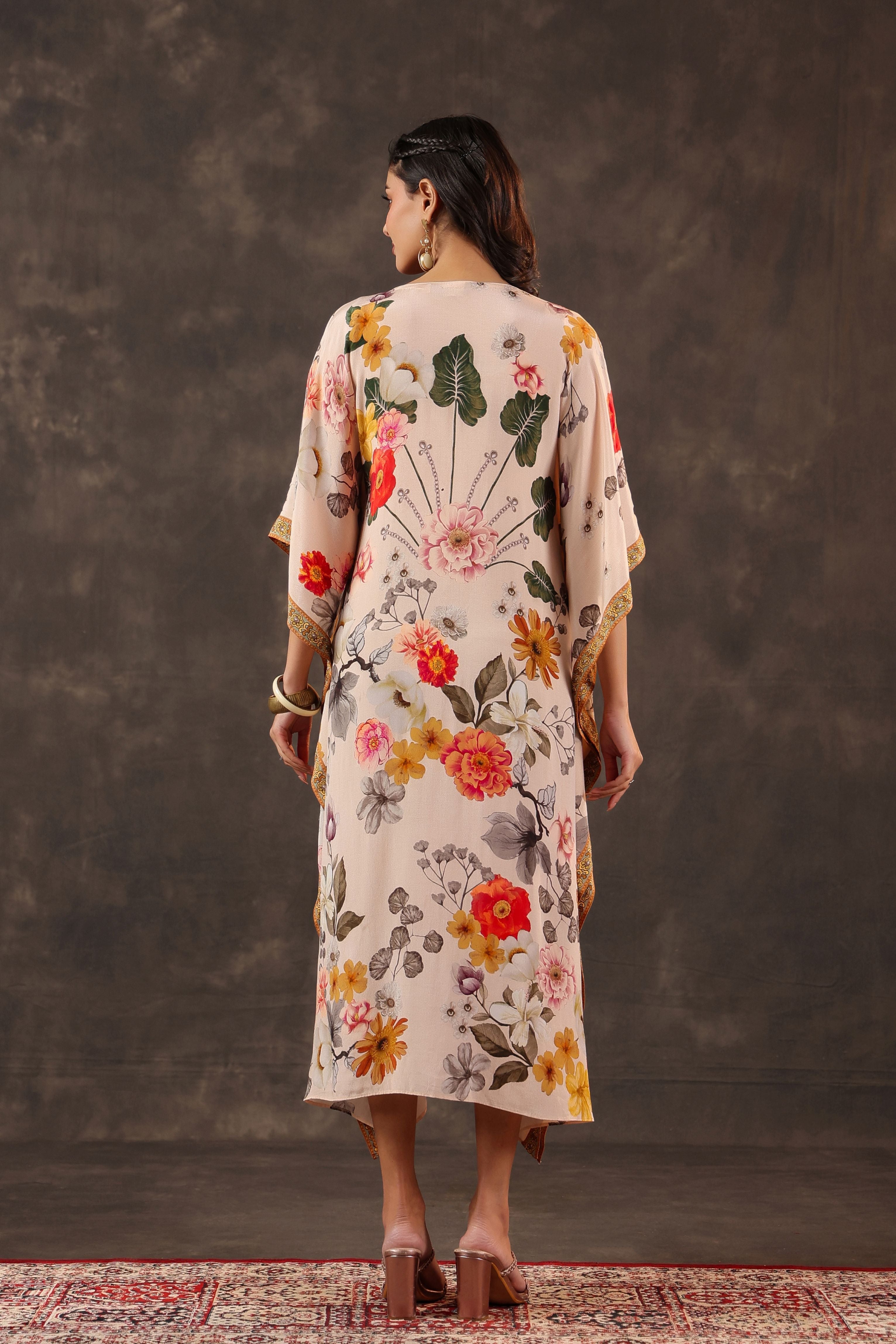 Soft Ivory Embellished Crepe Silk Kaftan Dress