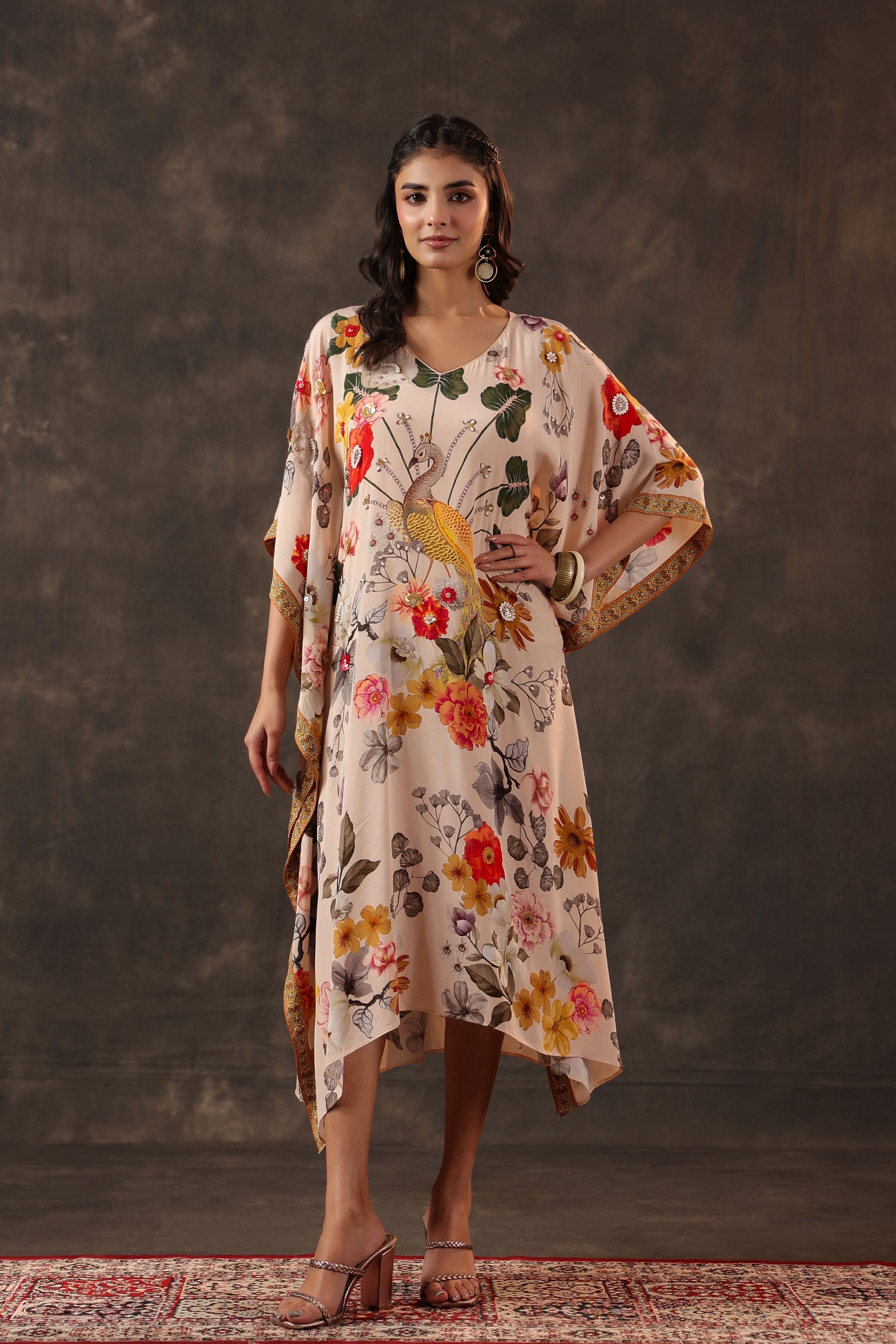Soft Ivory Embellished Crepe Silk Kaftan Dress