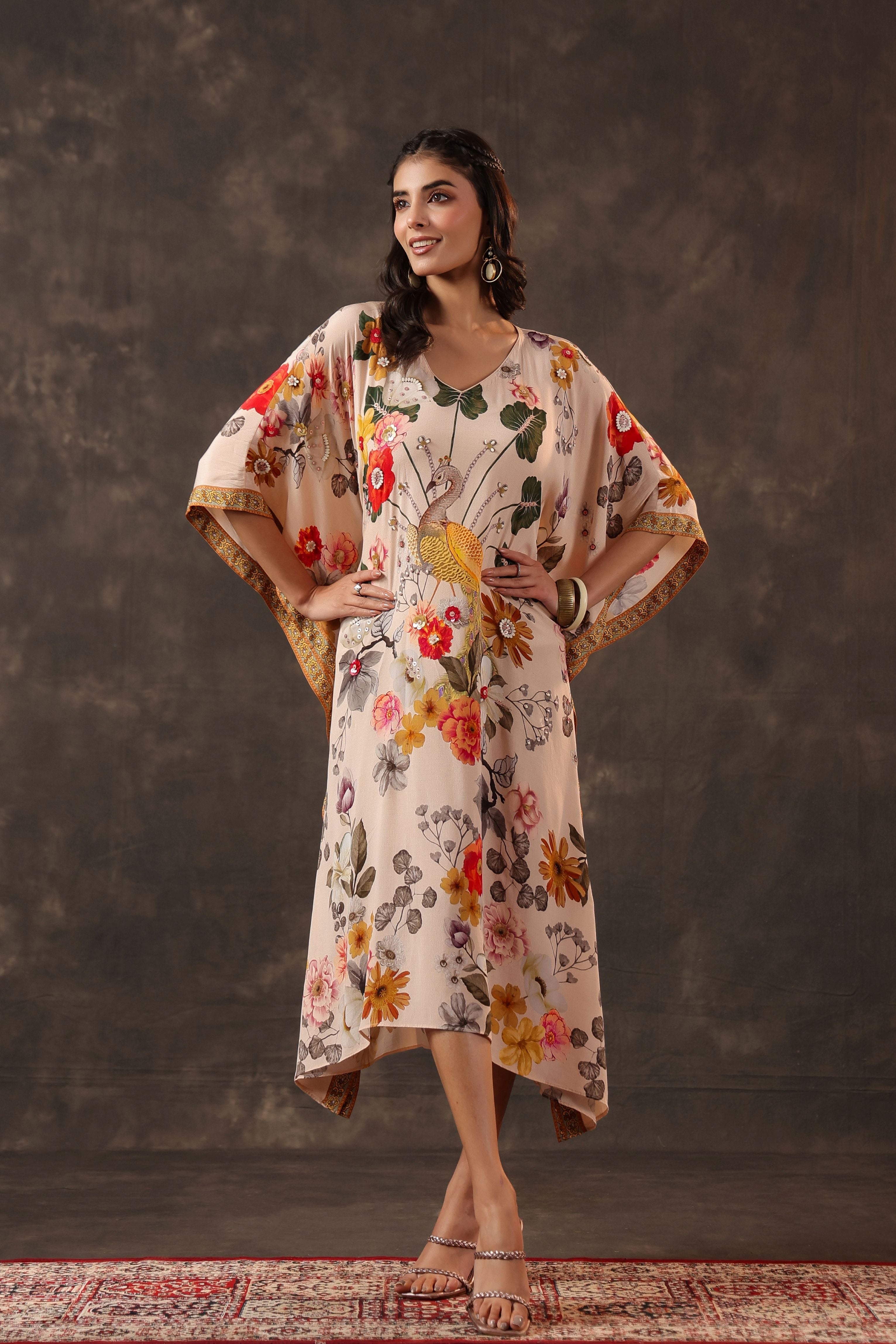 Soft Ivory Embellished Crepe Silk Kaftan Dress