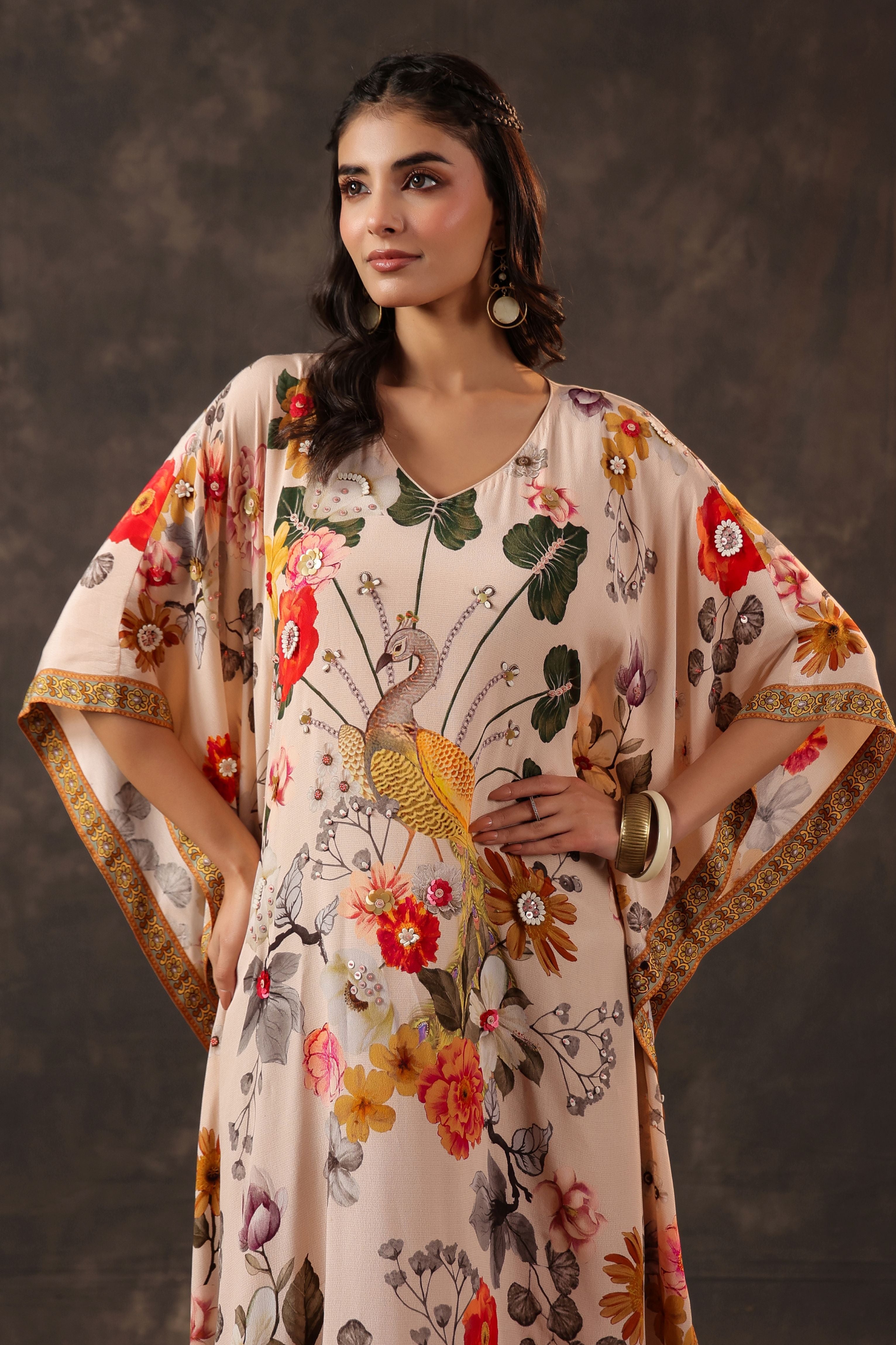 Soft Ivory Embellished Crepe Silk Kaftan Dress