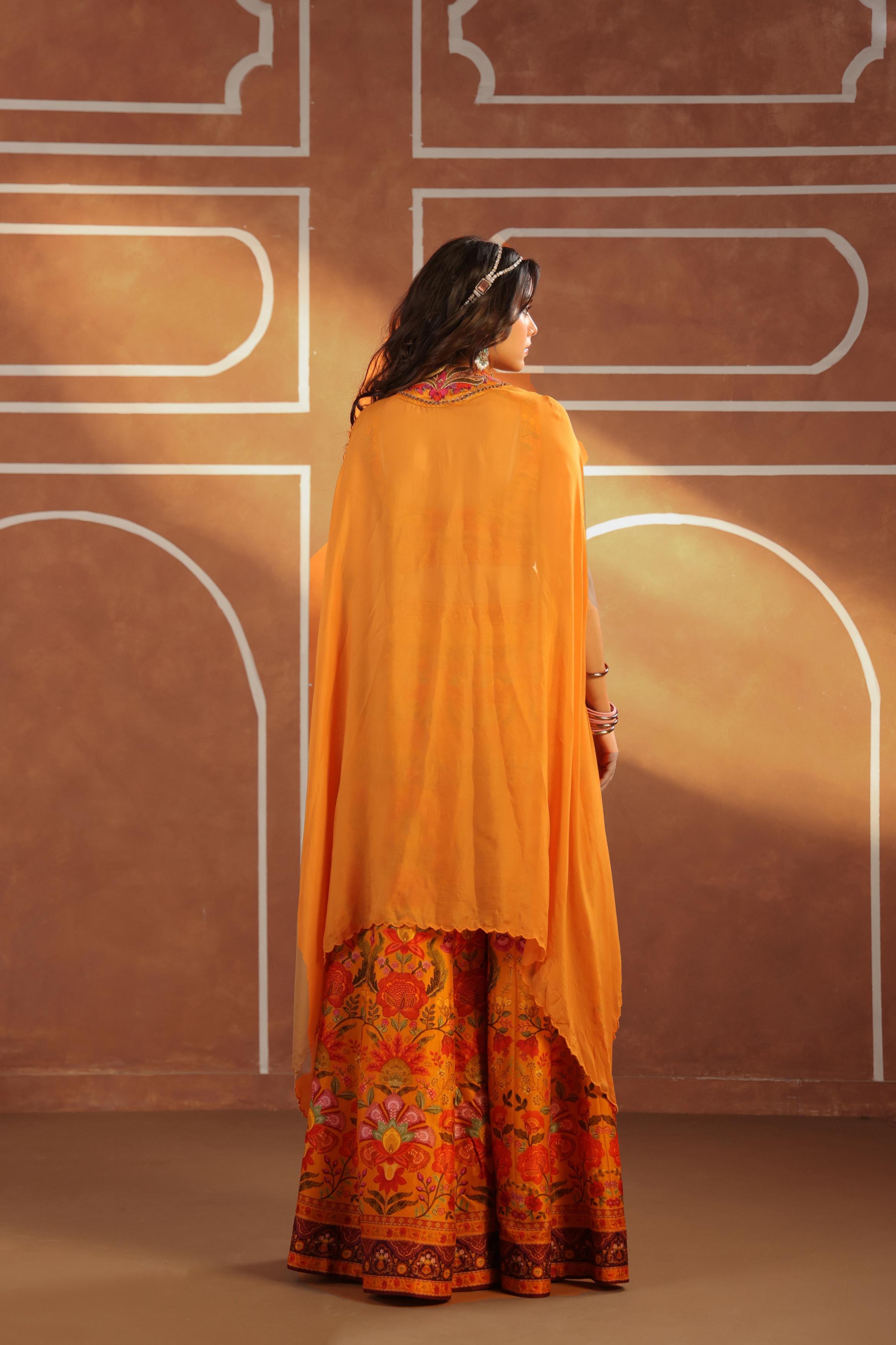 Amber Yellow Embellished Raw Silk Sharara Set