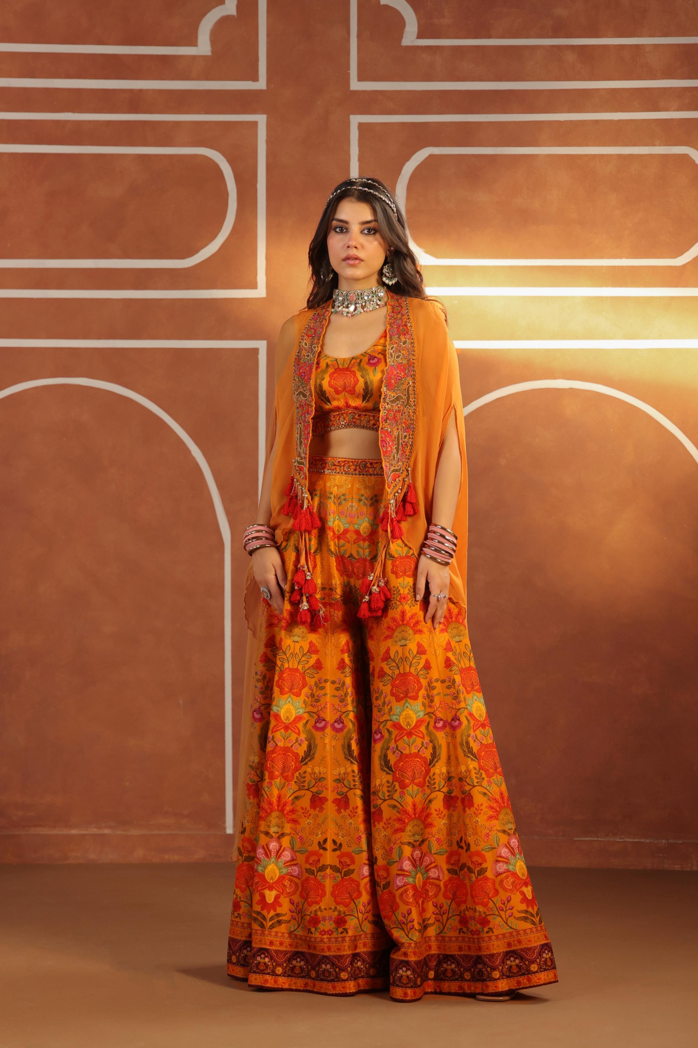 Amber Yellow Embellished Raw Silk Sharara Set